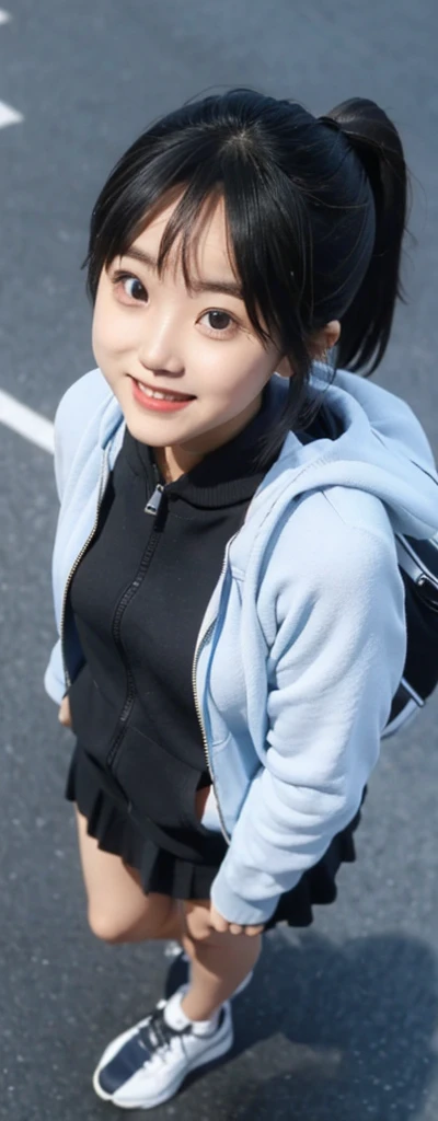 look down from the top of one's head, High Angle, Bird-eye Perspective, Whole Body Visible, Windscreen View, A in a Hooded Zip-Up, Symmetry, Calm Position, Top of the Head Visible, Skirt, Looking Down from Above, Detailed , Clean Backdrop, Angle Seen from Above, Best Quality, HD, A Girl in a Symmetrical , open Zip-Up Hoodie, Knee-Length Skirt, Standing in a Calm, Assertive Manner, Smiling Softly, Japanese Girl, cute girl wearing, I can see everything from my toes, 더 Best Quality, symmetry, carrying a backpack, Background with nothing