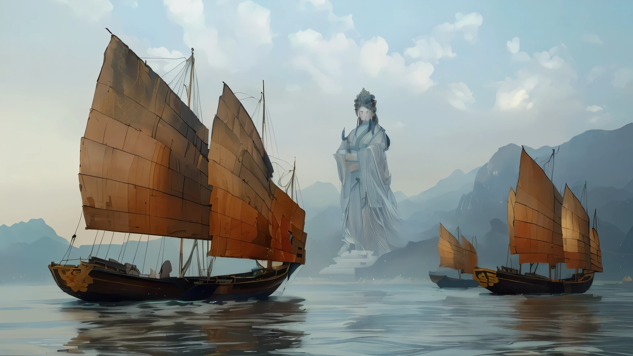 There are three boats in the water，There is a statue in the background, Guanyin of the southern seas, Beautiful rendering of the Tang Dynasty, Queen of the Sea Mu Yanling, Guanyin, Floating Chinese satire, &quot;Matte&quot;, &quot;Matte&quot;, Inspired by Yang Buzhi, 3D rendering and matte, shui mo hua, Inspired by Li Di