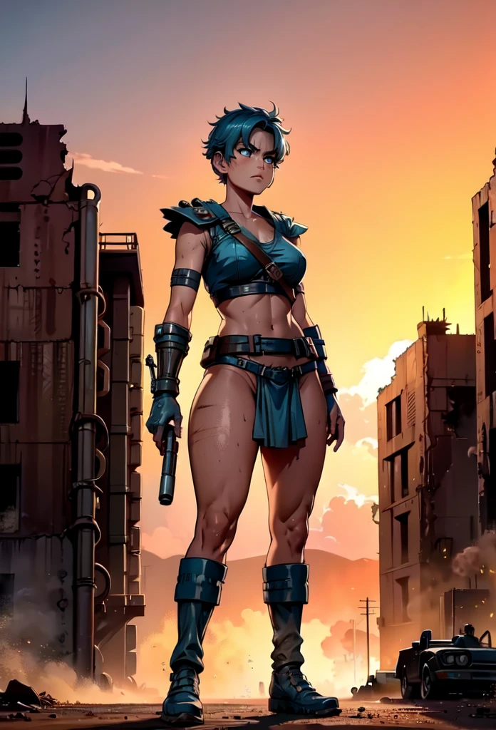 (best quality,4k,8k,highres,masterpiece:1.2),ultra-detailed,Ami Mizuno as a Mad Max survivor in the Westland,deserted post-apocalyptic world,dusty landscape,harsh sunlight,burning orange sky,gritty and distressed,ripped and tattered clothing,utility belt with survival tools,protective goggles covered with dust,Ami's bright blue hair flowing in the wind,determined and fierce expression,holding a modified high-tech weapon,scanning the horizon for danger,thick layers of dirt and grime on her face and hands,imposing scar across her cheek,distant ruins of a futuristic city in the background,Ami's transformation into a hardened warrior,blending her intelligence and strength,creating an iconic and empowering image,combining anime style with the gritty aesthetics of Mad Max. full body