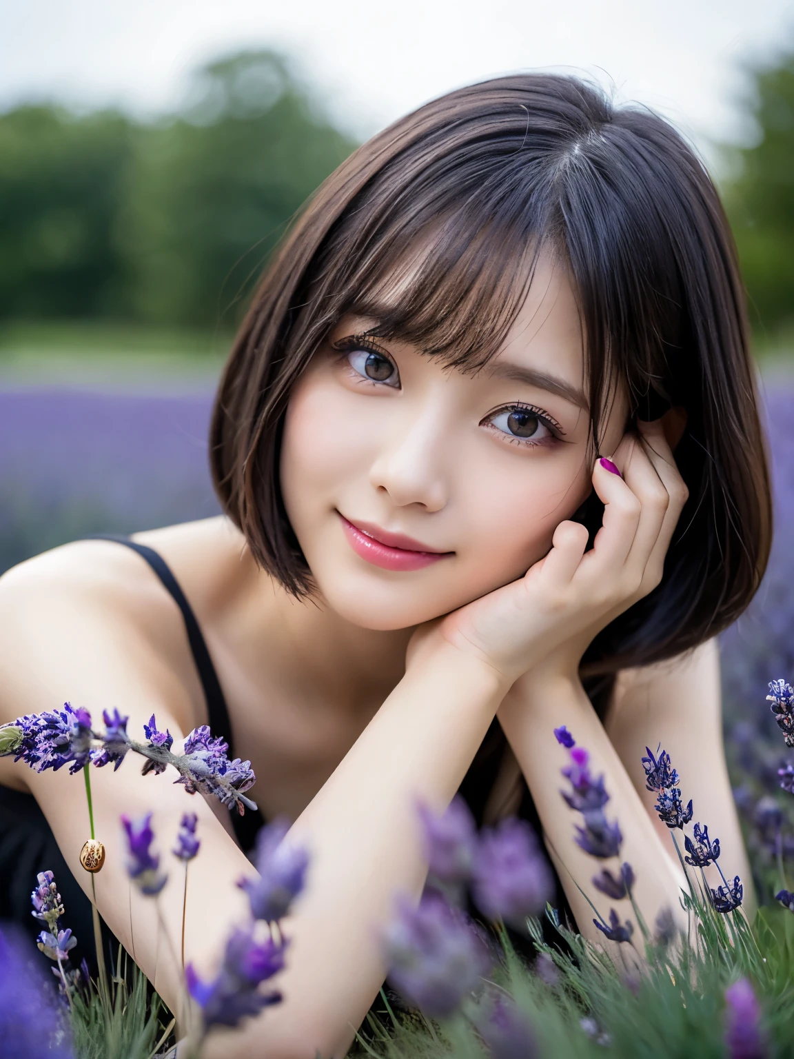(squat)、(highest quality:1.5)、(Realistic:1.5)、(1 person:1.5)、(Very detailed)、(High resolution)、8k、(Wear a dark dress with lace)、(Small breasts)、Natural color lips、Cute Smile、20-year-old girl、(Beautiful and elaborate face)、(Perfect and beautiful face)、(Big eyes)、(Beautiful and elaborate face)、(Beautiful, balanced eyes)、Perfect and beautiful double eyelids、Perfect and beautiful face、Arched eyebrows、 Thin eyebrows、Feminine poses、Slim face、(Slim figure)、Beautiful and thin nose、 Beautiful Skin、(ミディアムBob Hair)、Bob Hair、Natural Bangs、Fair skin、Front lighting、(Lighting the face)、Deep blue eyes、Slim waistline、(A hill full of lavender)、(lim and beautiful legs、Lavender Fields、