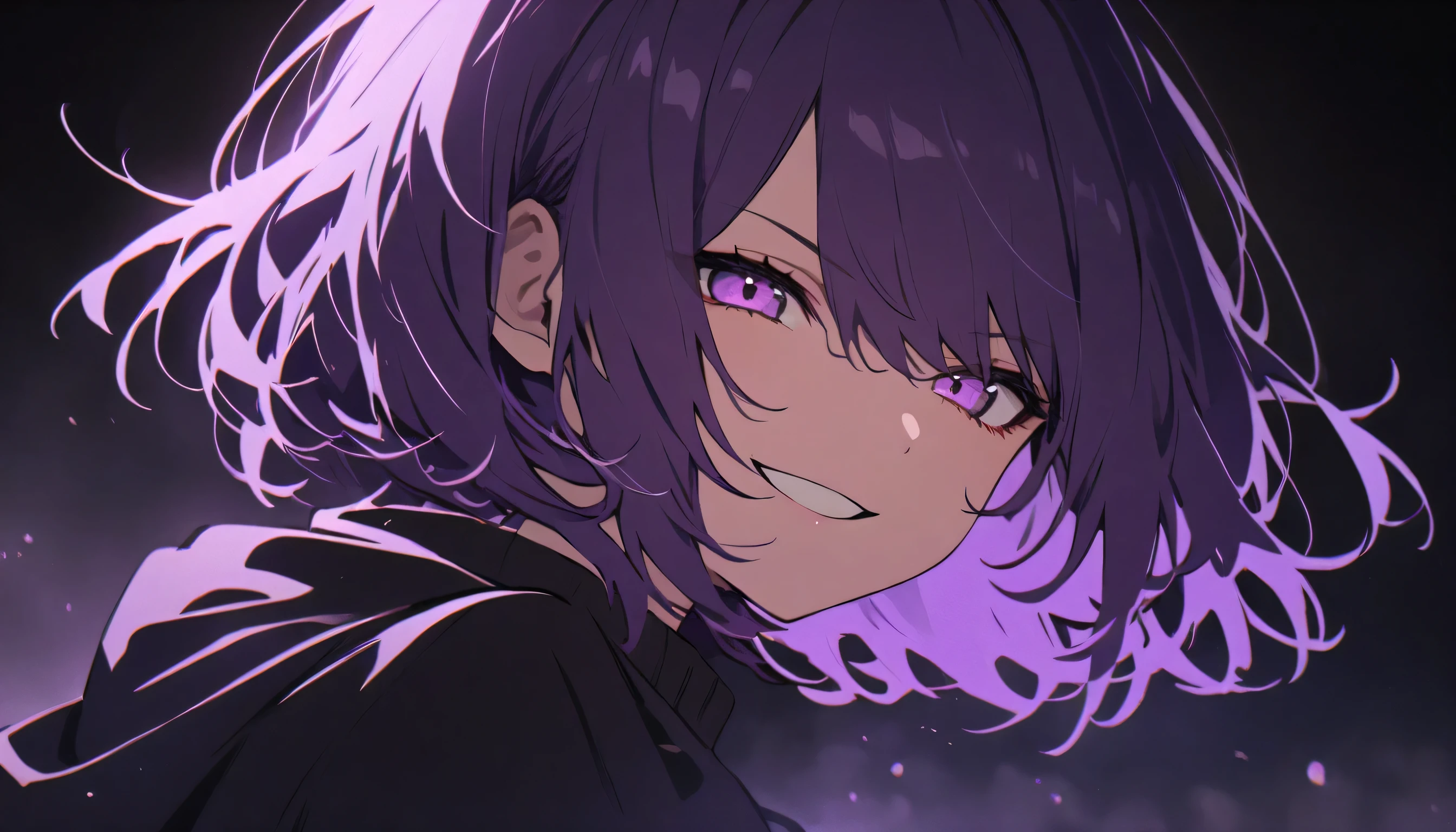 girl, Black purple hair, cool, 1 person, Dark atmosphere, Dark Background, Smiling creepily, Dark atmosphere