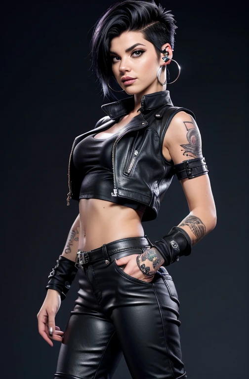 Best quality, profondeur de champ, cinematic light. Punk girl with black hair (very short on the sides) et aux yeux noirs. Tatoos. Many Piercings aux oreilles et piercing au nez, blouson de cuir noir et pantalon en cuir noirs, avec des jolies bottes en cuir noires. unhappy On a stage. ombre profonde, ((Regarder le spectateur)), (blurred background),(without people in the background:1.3), Beautiful earrings, Bracelets, very slim, seins moyens.