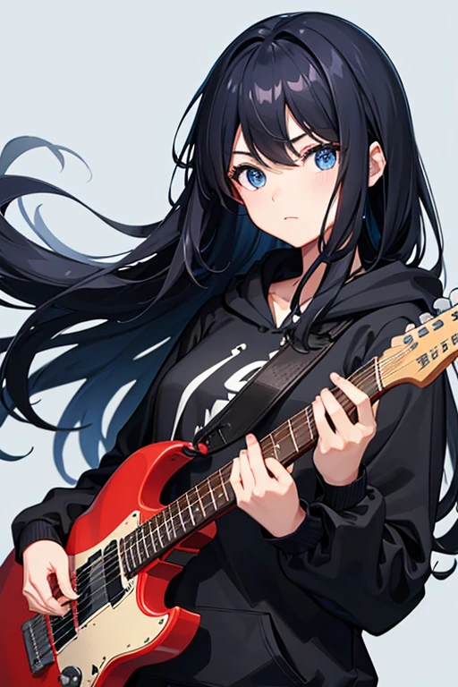 background through, long hair、straight hair、black hair girl, blue eyes、Super high quality, 8K、Upper body、Blue background、Lead guitar、black hoodie、Blue Guitar,Blue Electric Guitar, black hair