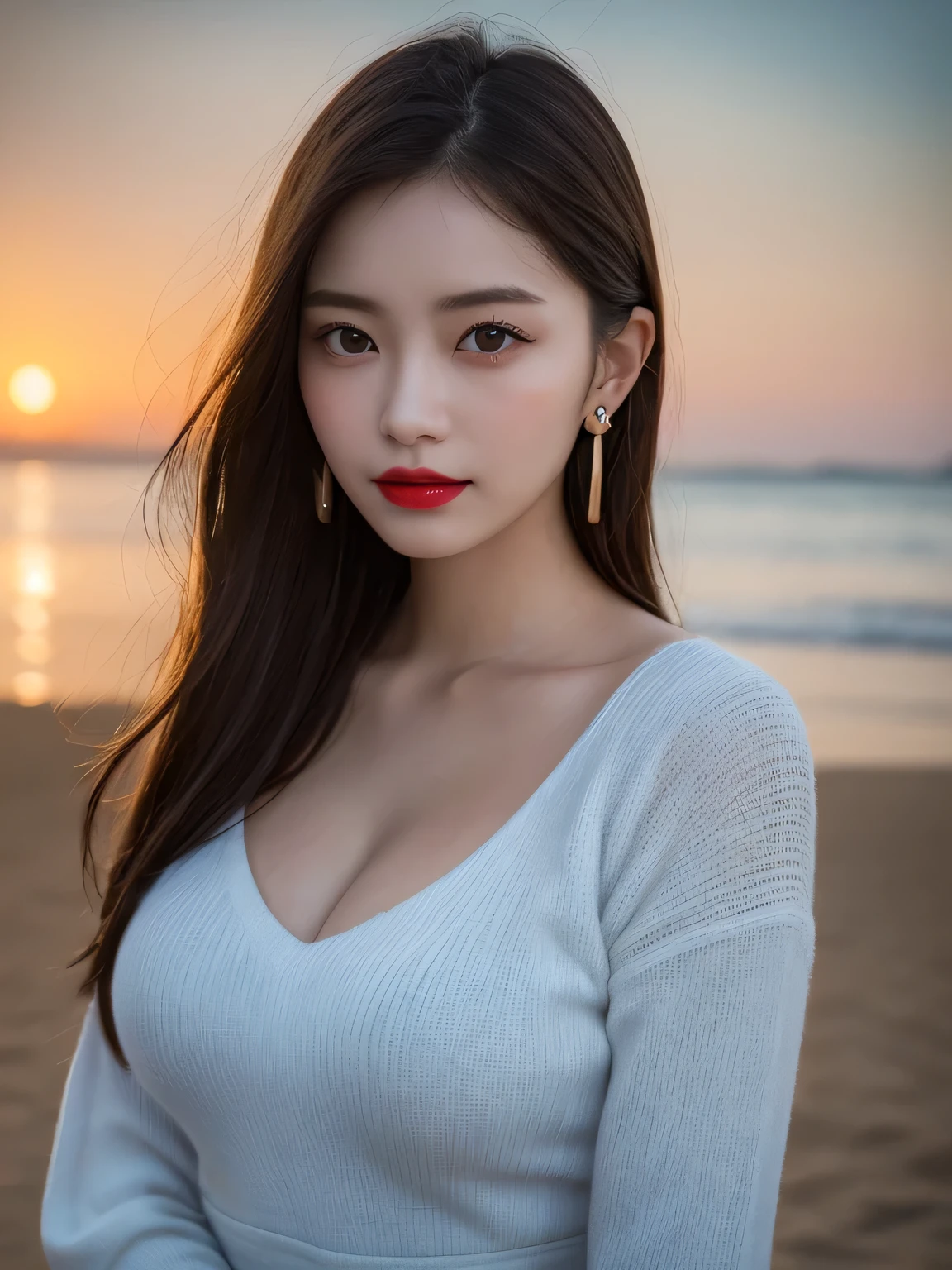 Beautiful college girl in the city, 21 years old, masterpiece, light makeup, red lips, brown hair, widely tousled, shot on the beach in the daytime, professional photographer, perfect job, beautiful and elegant. Very fine details, masterpiece, real texture, realism of movie lighting, perfect work, 16k, high resolution, exquisite facial features, blue eyes, crisp cute eyes, cute woman, model body, looking at camera, winking, Japanese idol, beautiful face, nice smile, chestnut neighbor, beautiful hair, charm, big breasts, erect nipples, cleavage, thick muscles, glowing skin, white skin, oily skin, oily skin, sexy knit dress, sexy Beautiful legs, sparkling big eyes, cute dimples, soft skin, wet earrings, collars, tattoos, dripping wet, transparent nipples emerging from the sea,