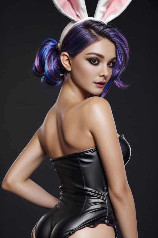 photo of celebrity, RAW, beautiful woman, ((portrait)), ((detailed face, colorful rainbow hair:1.2)), ((detailed facial feature, detailed skin, clear skin, parted lips), (perfect proportioned body, medium breasts), (wearing sexy bunny costume, black strapless costume, black bunny ears on head, pale skin, dark makeup: 1.5)), (high detailed pub, her back to us, backview, Turn Back, Back shot, ass: 1.3), (realistic photo, best quality, detailed), (8k wallpaper), (cinematic lighting, dramatic lighting) (sharp focus, intricate)