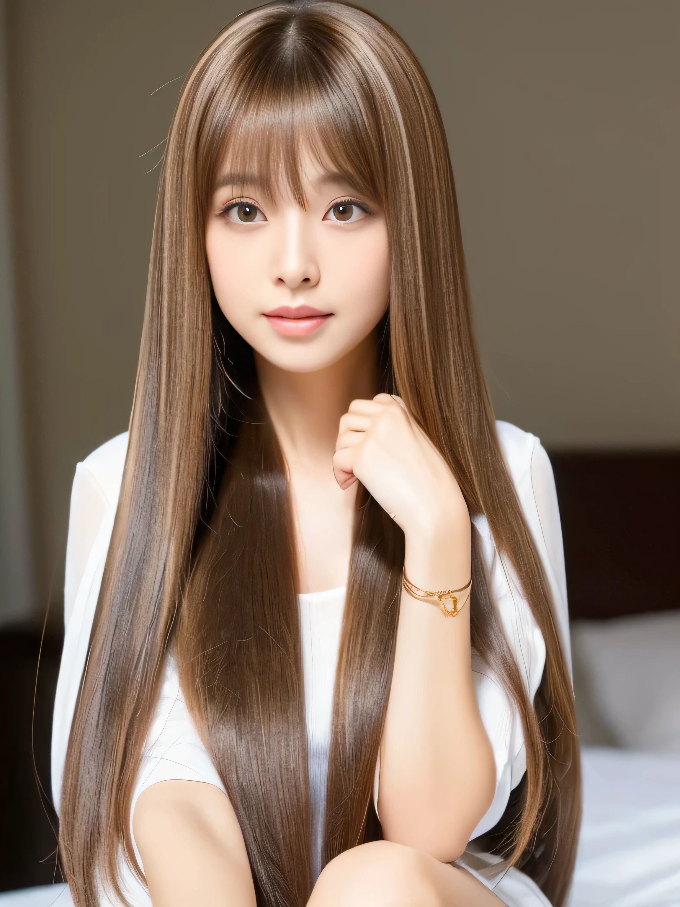 (Upper body shot of a woman making random sexy poses on a white bed)　((Beautiful 24 year old hair model with long light brown hair　fell straight down　Reaches up to the kneeVery long hair　highest quality　Highest detail　Reaches up to the knee、Very long hair that lasts forever:1.3　Flowing Hair　私ncredibly straight hair　Very shiny そして thick hair　Abnormally long hair that lasts forever　Flowing Hair on both ends　long hair up to the knees:1.2　long hair up to the knees:1.2　Thick and shiny hair　Very free hair　Abnormally long hair!!!!!　Beautiful silky hair　　Beautiful and shiny hair　Beautiful and shiny hair　Beautiful silky hair　Hair that grows to the knees　Very very, Very long hair!!!!!　Very very, Very long hair!!!!!))　(highest quality　The best ultra-fine　Reaches up to the knee、Very long hair that lasts forever　Flowing Hair　Her hair is gently permed　Very shiny そして thick hair　Abnormally long hair that lasts forever　Flowing Hair on both ends　long hair up to the knees:1.2　long hair up to the knees:1.2　Thick and shiny hair　Very free hair　Abnormally long hair!!!!!　Beautiful silky hair　Super long hair down to the knees　Beautiful and shiny hair　Beautiful and shiny hair　Beautiful silky hair　Hair that grows to the knees　Very very, Very long hair!!!!!　Very very, Very long hair!!!!!))　(Her bangs are perfectly styled、Straight down.:1.3)　((Her hair color is light brown:1.5))　(Pure white wall background Pure white bed)　(Japan&#39;The sexiest and most beautiful 24 year old hair model)　(She looks at the viewer with a very seductive expression.......)　((highest quality)), ((masterpiece)), (Familiar)　(Get used to it)　Perfect Face　(Her skin is a typical Japanese skin color..　And very detailed)　　(Big Breasts:1.3)　(She is wearing a shiny white camisole.)　(She has a beautiful face and a typical Japanese figure...., Narrow eyes)　(She has perfect 美しい and sexy makeup and face　Lipstick is light red　A solid eyeliner)　((Rich 1.4))　(Extremely detailed 8K)　(Ultra-fine skin texture 1.4)　(Actual, Vibrant:1.4), double eyelid　Sharp focus:1.2、Beautiful woman:1.4　Dynamic Lighting　(Genuine RAW photos taken by professional photographers)　　Professional Hair Shine.　(She has a bright and cheerful face)　(Her face is slim and dignified.., length, Narrow eyes..々Nice face)　