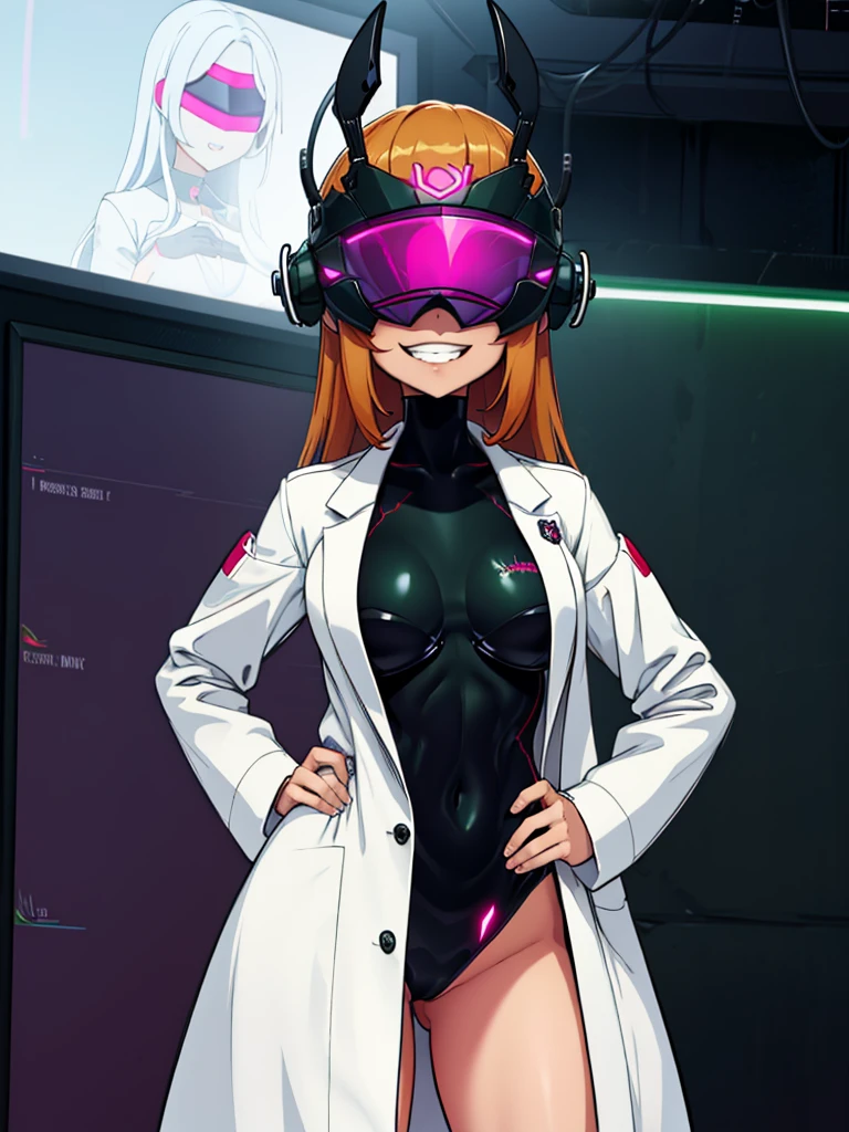 Sfw, safe for work, mind control Sam by spider helmet robot, ginger hair, 'I have Sam's body', successfully possessed Sam, Glowing red piercing eyes, pervy evil grin, 'this is my body now', hahahaha, satisfying looks, venus body, , wearing white laboratory coat with green spy suit underneath, hands on hip, spider helmet