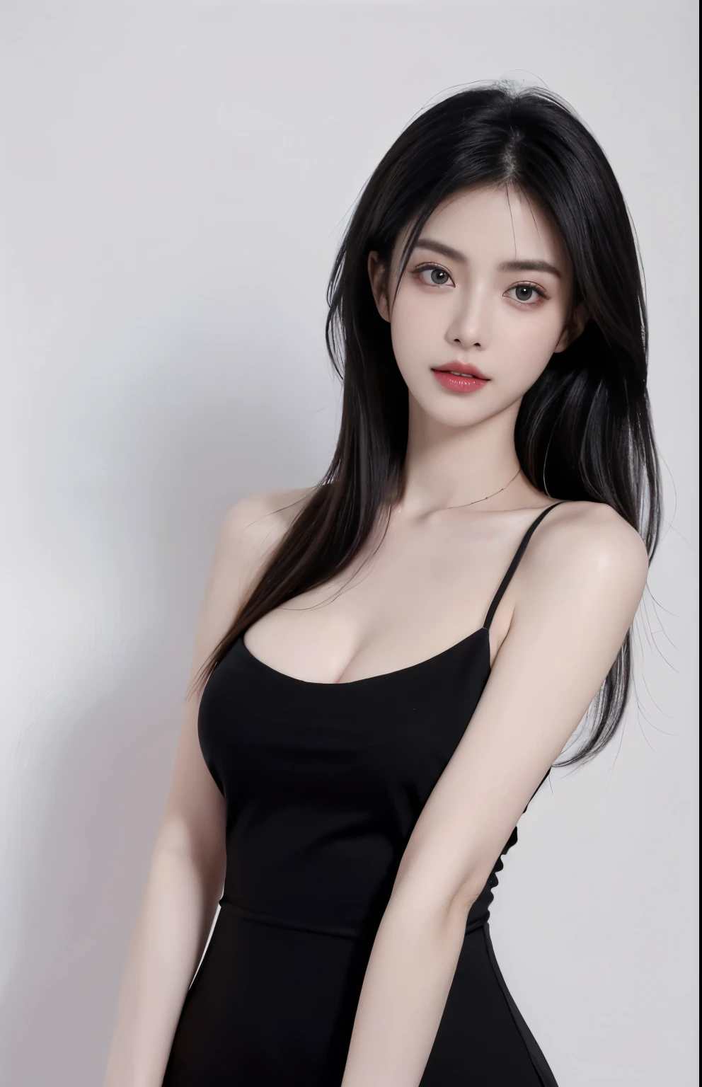 （lifelike,high resolution：1.3）， A slim girl， The face shape and eyes are super delicate,(Black Hair),Red glossy lips,(Beautiful face), (best quality), (Ultra Detailed), (Extremely detailed CG unified 8k wallpaper),((Black strappy low neck dress)),(White background),(Cleavage),(Model photo),Sexy look,big eyes,(Standing),(纤细的waistline)，Eyes look at the audience,Very perfect breasts,Center the character,White skin,Layered Hairstyle,waistline
