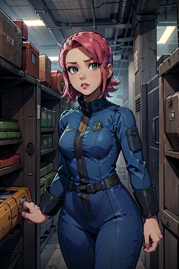 Mayl Sakurai reimagined as a vault dweller, doing maintenance in an underground vault. Her vibrant pink hair stands out against the dimly lit environment. She is a 26-year-old woman dressed in a vault dweller jumpsuit, indicative of her role in the post-apocalyptic world. The jumpsuit is worn but still functional, reflecting the harsh conditions of life underground. Her face is beautifully detailed, with expressive eyes that convey determination and intelligence. Her lips are also well-defined, adding to her overall allure.

In the vault, Mayl Sakurai is seen operating a pipboy, a wrist-worn device that serves as an essential tool and information hub for survival in the vault. The pipboy's screen emits a soft glow, illuminating Mayl's face and casting a subtle green hue on the surroundings. The details on the pipboy, from its buttons to its display, are extremely detailed, showcasing its futuristic design.

The underground vault is filled with mechanical equipment and pipes, emphasizing the importance of maintenance in this post-apocalyptic world. The atmosphere is gritty and industrial, with a hint of mystery and danger. The lighting is dim and has a hint of blue tones, enhancing the underground ambiance.

Despite the grim surroundings, Mayl Sakurai exudes confidence and strength as she jumps into action, ready to fulfill her duties as a vault dweller. Her posture and expression suggest that she is prepared to face any challenge that comes her way.

The image quality should be at its best, with 4K resolution and ultra-detailed rendering, capturing every intricate detail of the scene. The colors should be vivid, emphasizing the contrast between Mayl's vibrant pink hair and the dimly lit environment. The overall style should lean towards a post-apocalyptic concept art aesthetic, blending realism with a touch of fantasy.

In summary, the Stable Diffusion prompt for the provided theme would be:
Mayl Sakurai reimagined as a vault dweller, doing maintenance in an undergr