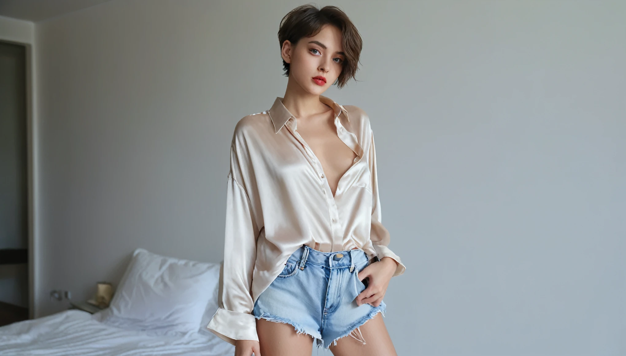Top Quality, Masterpiece, High Resolution, 8k, wide objective, full body shot, (((skinny girl in oversized silky shirt with bare back and with low dekollete and hot pants, small perky breasts, beautiful detailed eyes, beautiful detailed lips, extremely detailed face, no lipstick, no makeup, short pixie asymmetrical hair, small hips, behind back)))