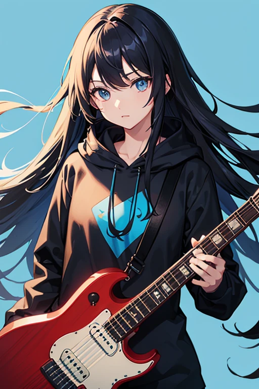 background through, long hair、straight hair、black hair girl, blue eyes、Super high quality, 8K、Upper body、Blue background、Lead guitar、black hoodie、Blue Guitar,Blue Electric Guitar, black hair, blue line