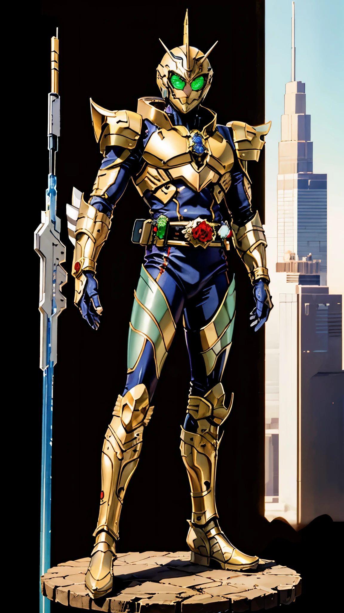 A man wearing a full-face helmet, a fantasy-style biotech armored combat suit, green eyes, (a composite layered chest armor), fully enclosed shoulder guards, matching arm and leg guards, the belt is adorned with Rose-shaped gemstone, (the color scheme is primarily white with red and blue accents), the design balances heavy with agility, a high-tech bio-mecha armor, (Armor Concept Inspired by Rose, stand on the top of a skyscraper in a futuristic sci-fi city), this character embodies a finely crafted fantasy-surreal style armored hero in anime style, exquisite and mature manga art style, (battle damage, element, plasma, energy, the armor glows), ((male:1.5)), metallic, real texture material, dramatic, high definition, best quality, highres, ultra-detailed, ultra-fine painting, extremely delicate, professional, perfect body proportions, golden ratio, anatomically correct, symmetrical face, extremely detailed eyes and face, high quality eyes, creativity, RAW photo, UHD, 32k, Natural light, cinematic lighting, masterpiece-anatomy-perfect, masterpiece:1.5