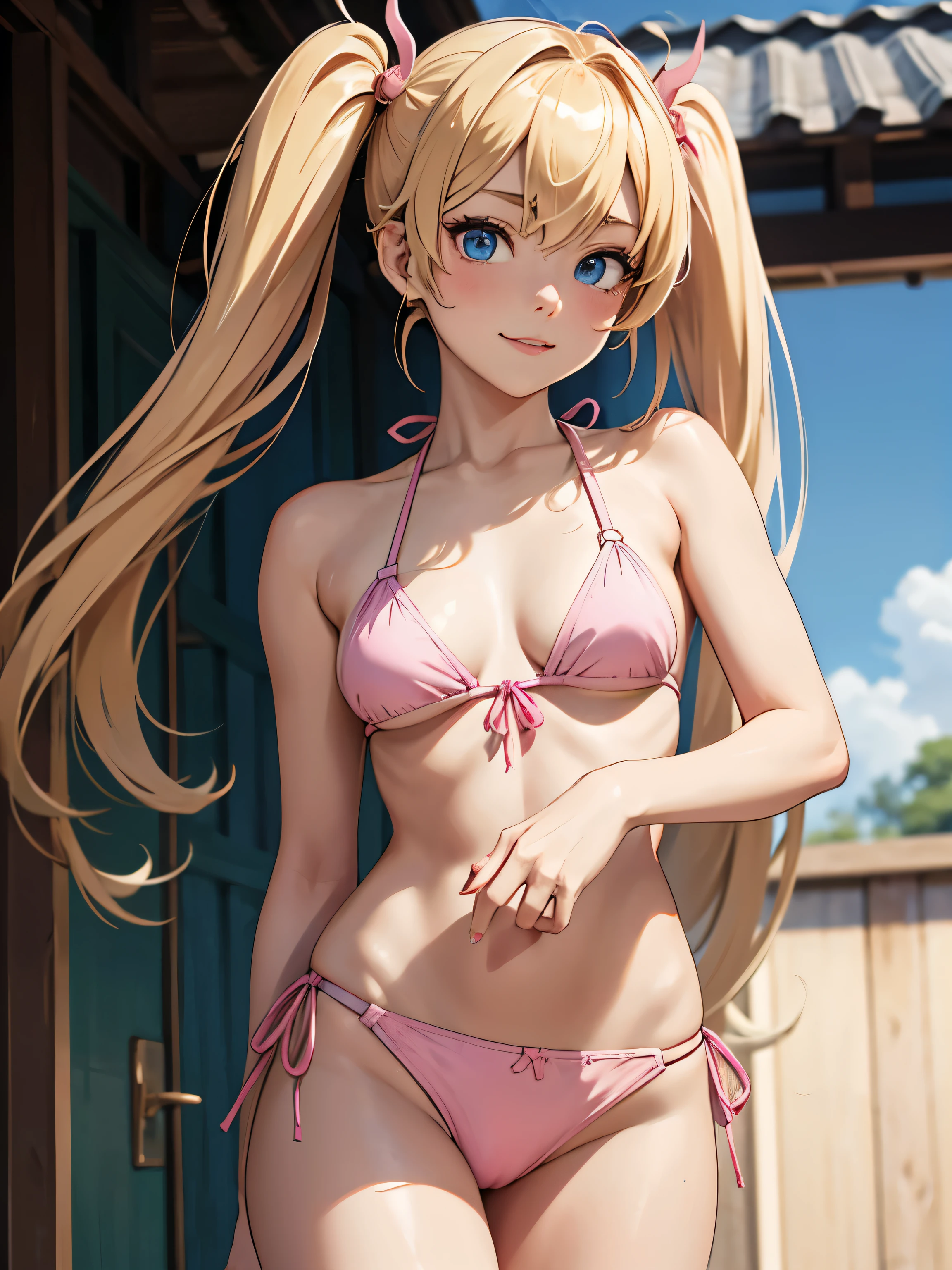 akizuki airi. oni chichi, masterpiece, highest quality, Very detailed, figure, Flat Color, Depth of written boundary, , , 1 girl, young, Small breasts,anime, Returning Home, full length, blonde, Twin tails, Looking at the audience,Pink Bikini,Detailed fabric texture, Beautifully detailed face, blue eyes, A light smile, Pink Panties