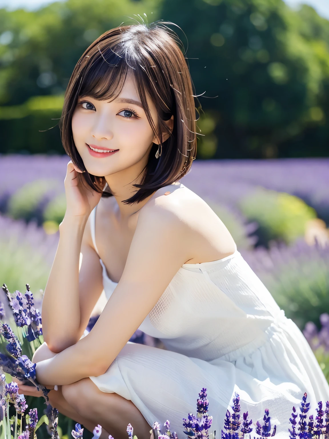 (squat)、(highest quality:1.5)、(Realistic:1.5)、(1 person:1.5)、(Very detailed)、(High resolution)、8k、(Wear a pure white dress with frills)、(Small breasts)、Natural color lips、Cute Smile、20-year-old girl、(Beautiful and elaborate face)、(Perfect and beautiful face)、(Big eyes)、(Beautiful and elaborate face)、(Beautiful, balanced eyes)、Perfect and beautiful double eyelids、Perfect and beautiful face、Arched eyebrows、 Thin eyebrows、Feminine poses、Slim face、(Slim figure)、Beautiful and thin nose、 Beautiful Skin、(ミディアムBob Hair)、Bob Hair、Natural Bangs、Fair skin、Front lighting、(Lighting the face)、Deep blue eyes、Slim waistline、(A hill full of lavender)、(lim and beautiful legs、Lavender Fields、