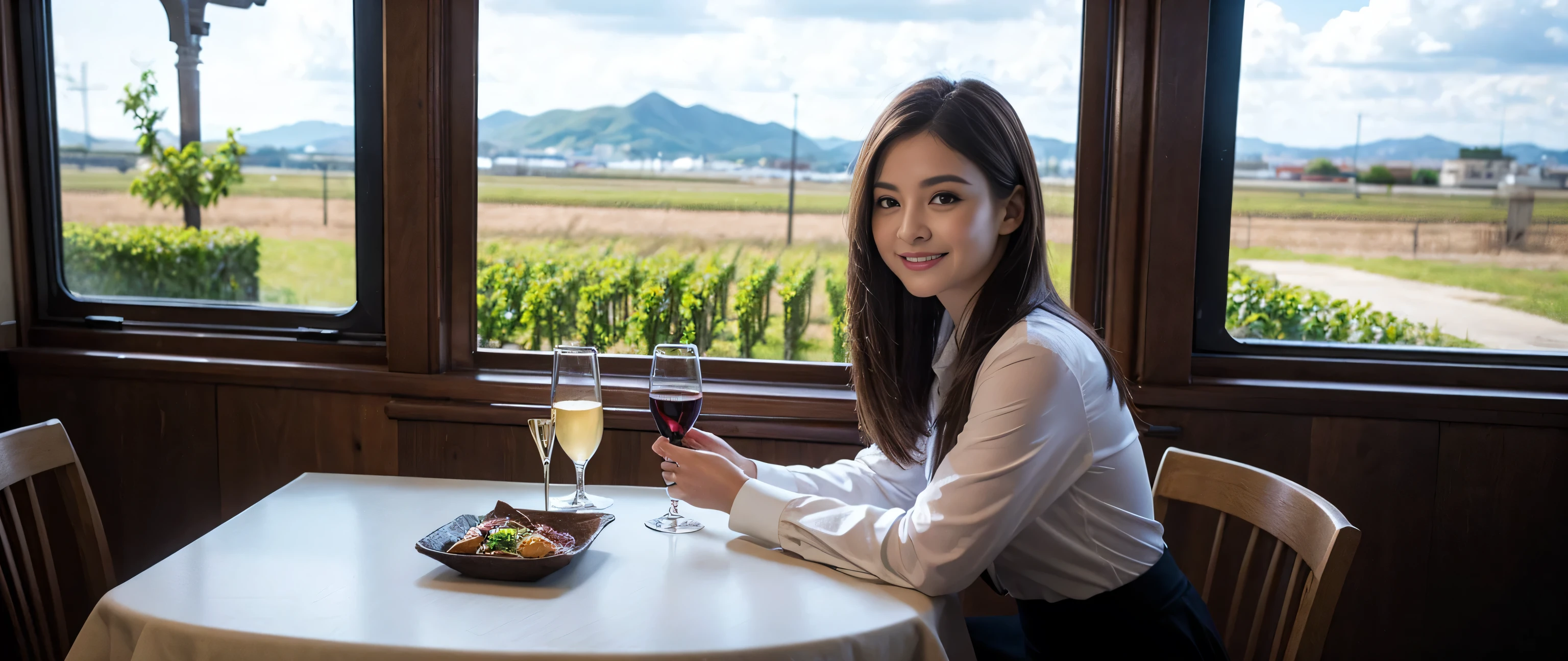 ((highest quality、8k、masterpiece:1.3))、Sharp focus:1.2、Beautiful woman perfect body:1.4、Slim body、((Bob Hale、Straight hair:1.2))、(to be born, highest quality, masterpiece:1.5), (Realistic, Intricate details:1.2), Wine glass on the table、Shine light on your face、 Amazing view of the sunset sky and clouds、Amazing mountain views、A bright smile、A lovely woman with a smile、Bright image、2. The beauty of wine, Beautiful Face, blue eyes, The light shines on your face, Blushing, short hair,Bright Face、Fox face、 (43 years old), 39 years old, Lady、red wine 、Appetizers、Italian food、Wine bottle、Champagne、sparkling wine、Two beauties、Brown Hair、Shortcuts、Long sleeve shirt、dress、Pretty Woman 1, (Slim face), (The body is slim), (Brown Hair), (Shortcuts), cheeks turn a little red,Attractive beauty、, Out of the window, A beautiful and detailed night view unfolds.........., restaurant, In a prominent place (From the waist up) Nova Frog Style, actress, model, Upper Body, White wine, slim, wine glass, A wine glass placed in the middle, smile, (smile: 1.15), Beautiful fine grain, Depth f/2,saturation, High Contrast, Strong light and shadow,Moist Body:1.5、3D texture、Delicate eyes、Brown Hair、The hair is very shiny、