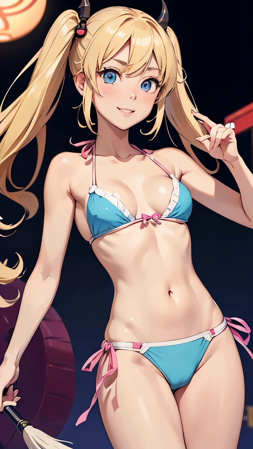 akizuki airi. oni chichi, masterpiece, highest quality, Very detailed, figure, Flat Color, Depth of written boundary, , , 1 girl, young, Small breasts,anime, Returning Home, full length, blonde, Twin tails, Looking at the audience,Pink Bikini,Detailed fabric texture, Beautifully detailed face, blue eyes, A light smile, Pink Panties