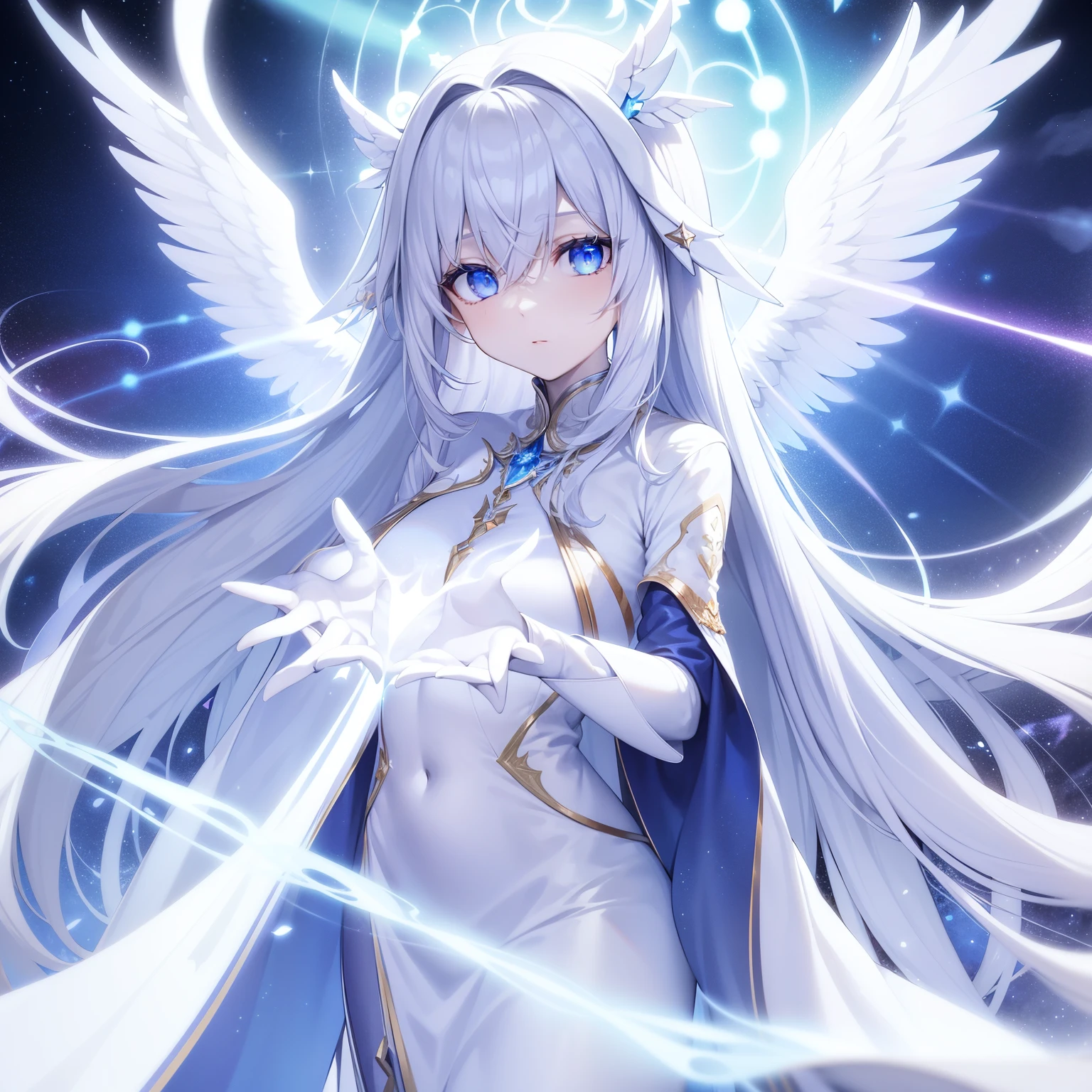 1 Celestial Archangel Girl, long white hair, pale skin, 8 arms, glowing white robe, glowing blue eyes, 4 pairs of large white wings, cosmic background, beautifully detailed hands holding a blue light 