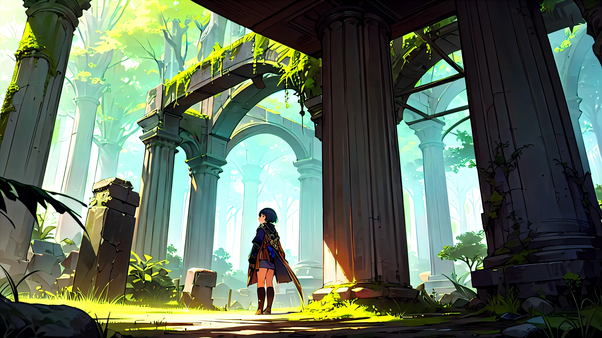 anime、Ancient ruins hidden in a mysterious forest、Moss-covered stone arch、Pillars of mystical symbols、A fascinating and historic setting surrounded by nature、One Girl、Adventurer