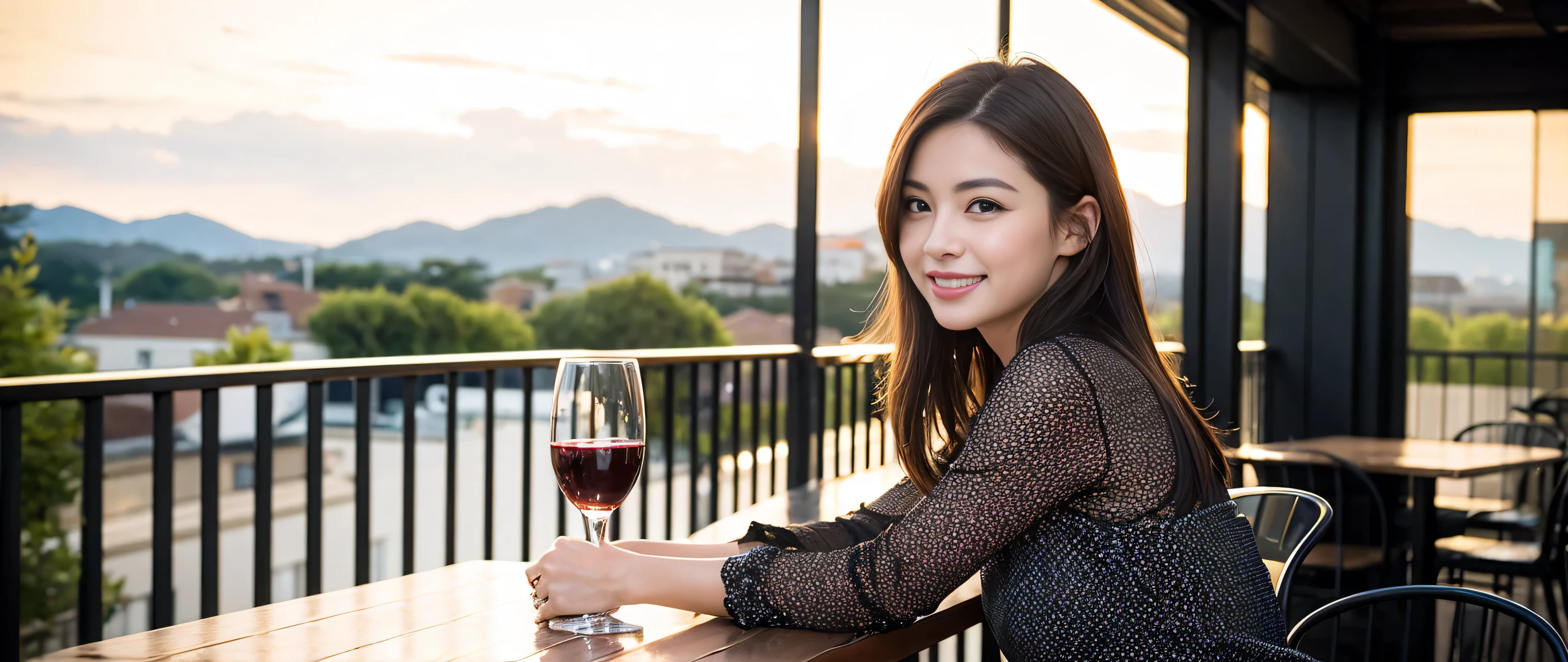 ((highest quality、8k、masterpiece:1.3))、Two beautiful women、Slim body、((Bob Hale、Straight hair:1.2))、(to be born, highest quality, masterpiece:1.5), (Realistic, Intricate details:1.2), Ultra-high resolution, Wine glass on the table、Facial lighting、Amazing view of the sunset sky and clouds、Amazing mountain views、A bright smile、A lovely woman with a smile、Bright image、The beauty of wine, Beautiful Face, blue eyes, The light shines on your face, Blushing, short hair,Bright Face、 (41 years old), 39 years old, Lady、red wine 、Appetizers、Italian food、Wine bottle、Champagne、sparkling wine、Two beauties、Brown Hair、Shortcuts、Long sleeve shirt、dress、Pretty Woman 1, (Slim face), (The body is slim), (Brown Hair), (Shortcuts), cheeks turn a little red,Attractive beauty、, Out of the window, A beautiful and detailed night view unfolds.........., restaurant, In a prominent place (From the waist up) Nova Frog Style, actress, model, Upper Body, White wine, slim, wine glass, A wine glass placed in the middle, smile, (smile: 1.15), Beautiful fine grain, Depth f/2,saturation, High Contrast, Strong light and shadow,Moist Body:1.5、3D texture、Delicate eyes、Brown Hair、The hair is very shiny、