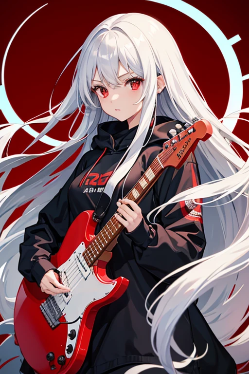 background through, long hair、straight hair、silver hair girl, red eyes、Super high quality, 8K、Upper body、Red background、Band vocals、black hoodie、Red Electric Guitar、tits