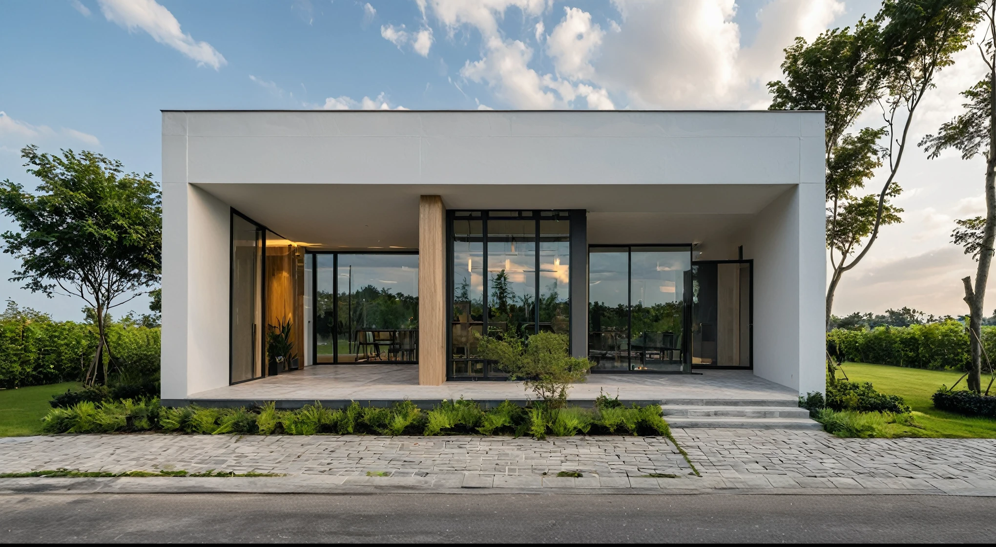 Masterpiece, high quality, best quality, authentic, super detail, outdoors, onestoreyvillaXL, aiaigroup, house style modern on the street ,stairs, white wall ,road,pavement, grass, trees, sky, cloud, (daylight:1.1)