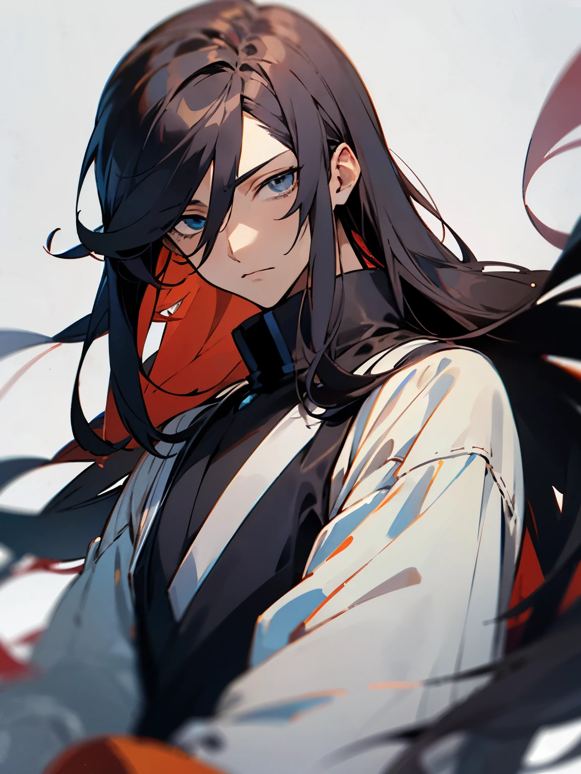 A male anime character that looks kind with long dark hair and lifeless eyes