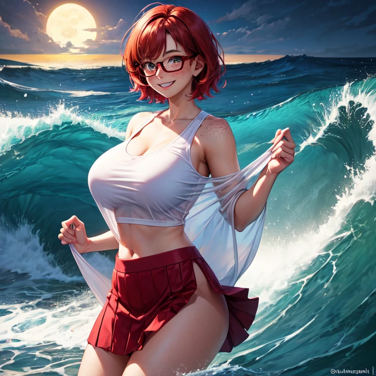 young woman, short red hair, glasses, freckles, smiling, lifting skirt, sheer under chest top, ocean beach, huge waves, moonlight