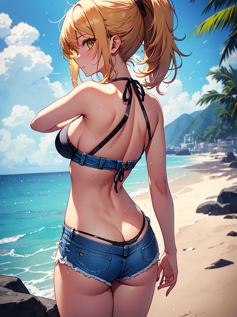 (highest quality, High resolution, perfect pixel, Depth of bounds written, 4K), (from behind), (looking back:1.2), beach, detailed eyes, (1 lady), tall, (skinny body:1.2) , (thin thighs:1.2), (Narrow hips:1.2), large breasts, blond hair, (ponytail:1.2), (yellow cross halter bikini:1.2), (rio cut pants), (panty strap:1.3), (denim short panty around knee:1.4), (standing), (leaning forward), (clear face), sweat, 