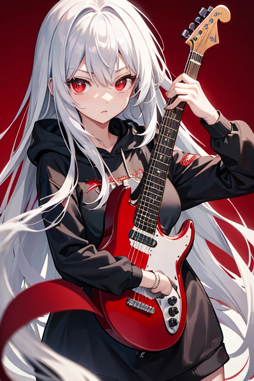background through, long hair、straight hair、silver hair girl, red eyes、Super high quality, 8K、Upper body、Red background、Band vocals、black hoodie、Red Electric Guitar、big tits
