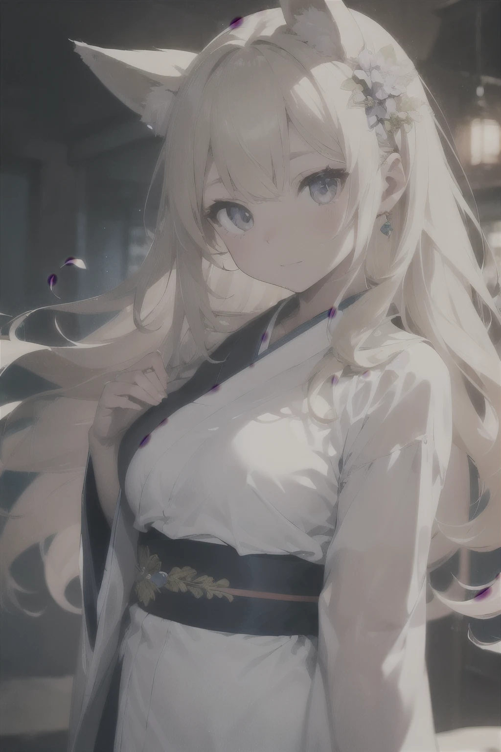 Anime Princess. A beautiful long flowing white hair, fox ears, stylish, blue, fiery flower background, handsome. ancient costumes, wearing white kimono in ancient costumes, fantasy world. Cinematic light, ethereal light, intricate detail, ultra detail, incredible detail, full color, intricate detail, extremely detailed and intricate, super maxed, ultra detailed with rich colors. masterpiece, best quality, aerial view, HDR, UHD, unreal engine. plump looking at lens, smooth thighs, (sparkling jewelry) ((acrylic illustration, by artgerm, by kawacy, by John Singer Sargenti) Dark virtual background, sparkling jewelry, Representation, white skin , beautiful face, Rich in details High quality, gorgeous, captivating, 8k, super detailed, stunning lights and shadows, detailed decoration, detailed lines Anime. japan Crown Princess. A beautiful long flowing white hair, fox ears, stylish, blue, fiery flower background, handsome.