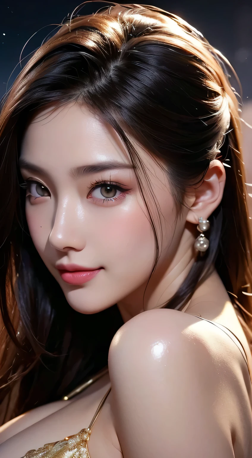 Kimono beauty, body portrait, 8k, thin and beautiful eyes, Dindal effect, masterpiece, top quality, high quality, high resolution, very detailed photo, (natural skin texture, fine skin, hyper realism, super sharpness) , high detail skin, (very fine, fine skin texture, intricate details, beautiful face, (real-like face), realistic eyes, beautifully detailed eyes, realistic skin, beautiful skin, surreal, Highly detailed, golden ratio, smiling eyes, ((night moonlight background)), body portrait, G cup, big breasts, huge breasts, big breasts, glamorous, shiny bodysuit