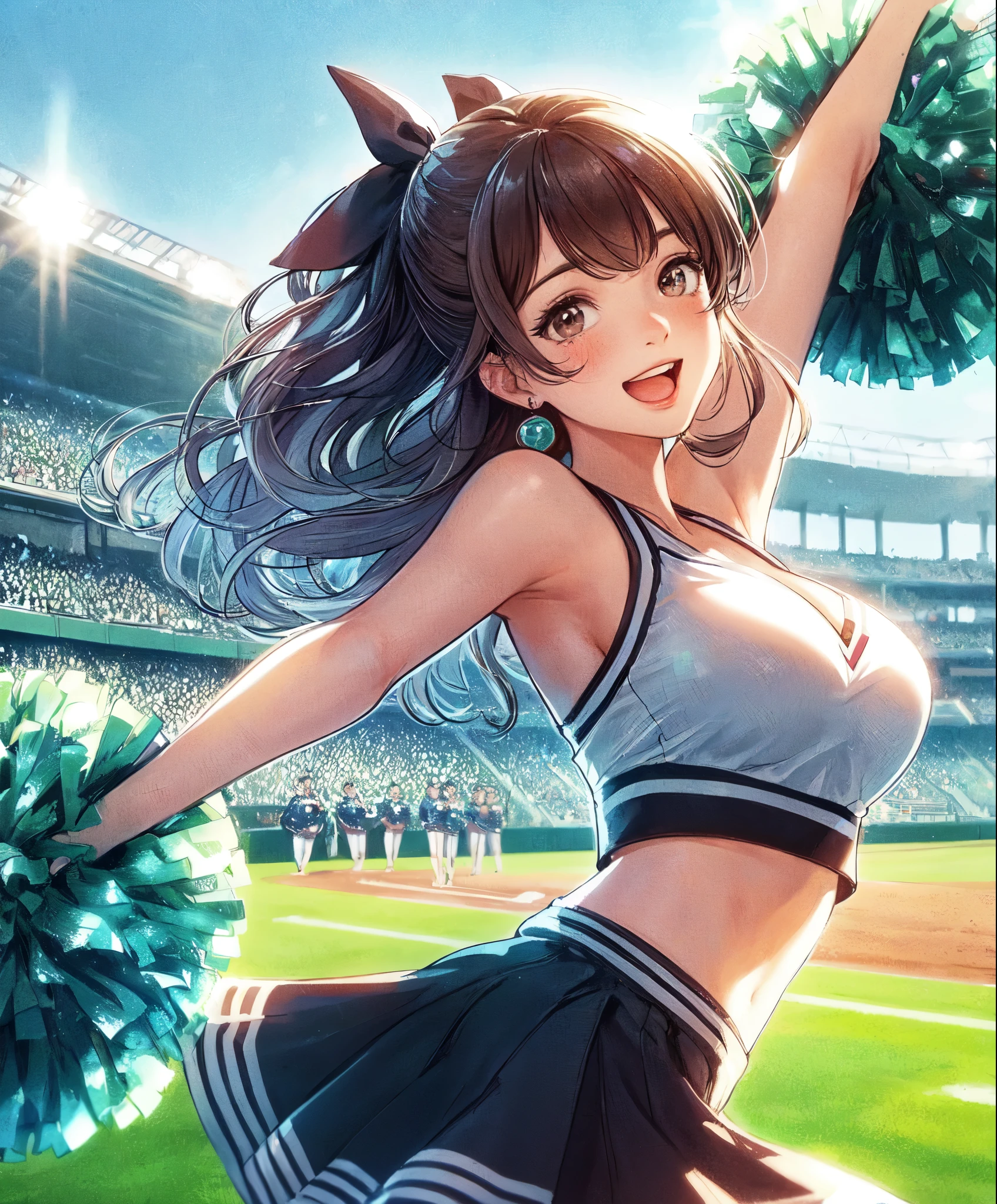 1lady solo, cheering, dancing, (dynamic posing), cheerleader (stylish outfit), mature female, /(brown hair/) bangs, ribbon, blush brightly smile, open mouth, (teeth:0.8), (masterpiece best quality:1.2) delicate illustration ultra-detailed, large breasts BREAK (holding pom-pom) BREAK /(baseball stadium) grass, outdoors, audience