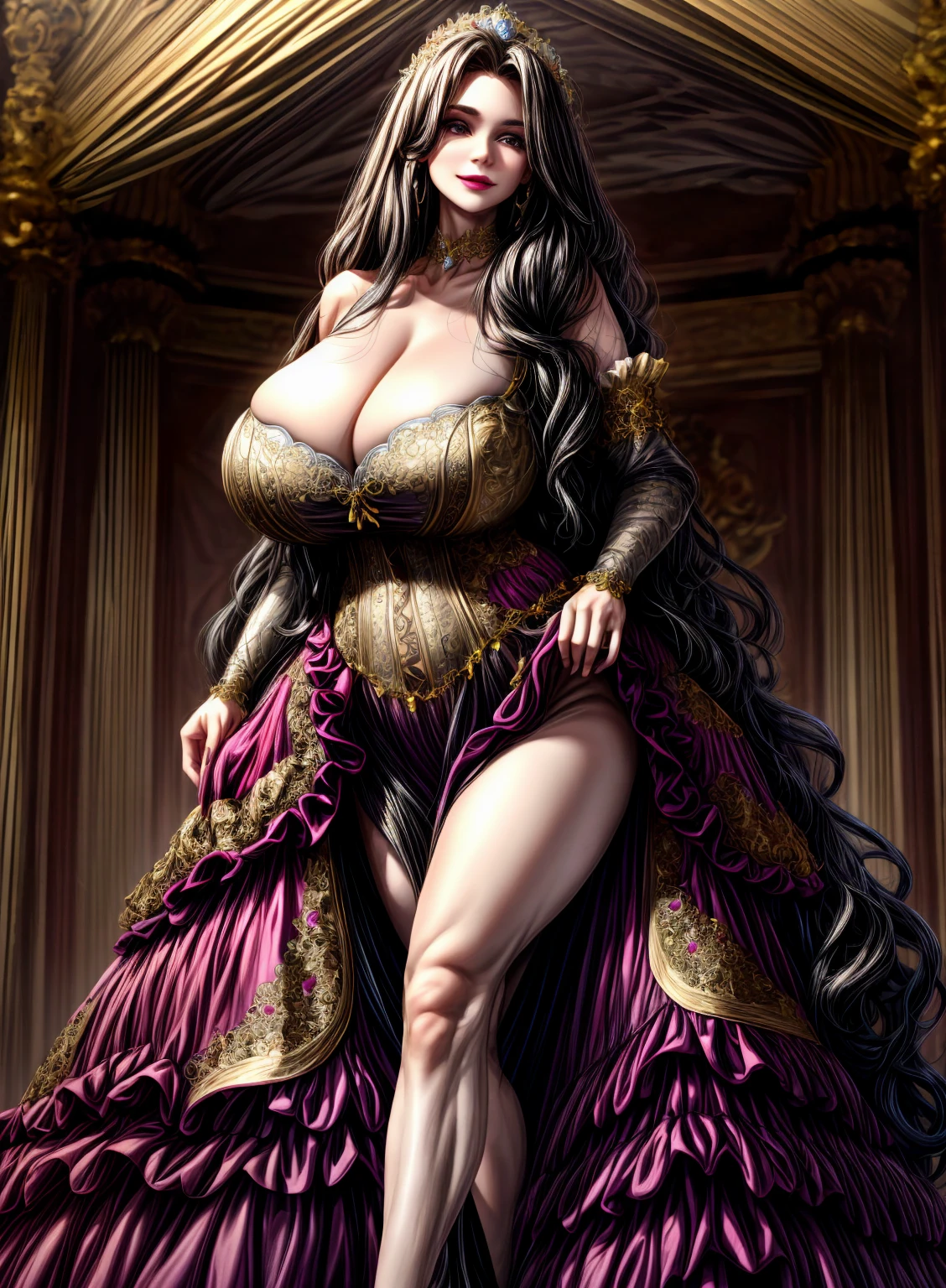 Irish woman, milf, mature,long straight hair,black hair, high cheekbones, glossy lipstick, white pale skin, tall, curvaceous, small waist, big hips, hip dips, large breasts, big breasts, sagging breasts, looking at viewer, Best quality, 8k, Masterpiece, realistic, photorealistic, (gigantic breasts:1.2),wearing beautiful embroidery and jeweled ruffled gorgeous princess ballgown with voluminous full length hoop skirt,
princess in a beautiful embroidery and jeweled rococo princess ballgown with voluminous full length hoop skirt,super detailed gorgeous princess ballgown with voluminous full length hoop skirt,jeweled Gorgeous rococo princess ballgown with long train,jeweled Gorgeous rococo princess ballgown with long train,gorgeous rococo princess ballgown with beautiful embroidery and jeweled, detailed eyes, brown eyes, blue and yellow dress,(masterpiece, best quality, highres:1.5), (realistic:1.1), 1girl, (gigantic breasts:1.2), (gigantic ass:1.2), (massive thighs:1.2), (thin:1.2), (detailed, beautiful face:1.2), (skimpy:1.3) (smiling:1.2),