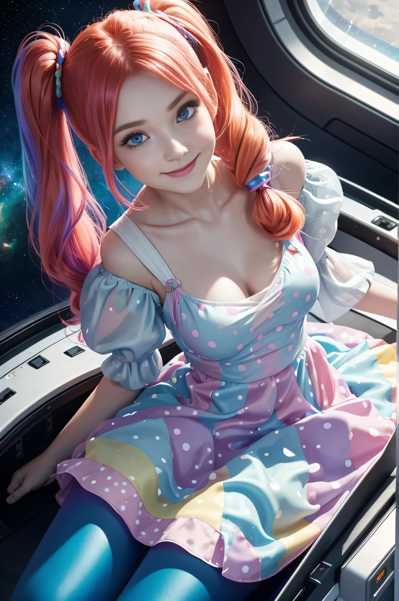 (overhead view) Cute redhead with rainbow colored hair tips, ribbons in her hair, 18-year-old woman, happy, smiling, in twin tails, perfect eyes, clear sparkling blue eyes, pale skin, silky smooth white skin, alabaster skin, flying a fancy metal luxurious space ship, futuristic cockpit, she's a pilot, outer space seen in windows, dark warm lighting, wearing a futuristic (chemise) party dress, low cut top, pleated (chemise) mini dress (pastel rainbow colors, and polka dots), puffy sleeves, ((also wearing tan pantyhose on her legs: 1.2)).