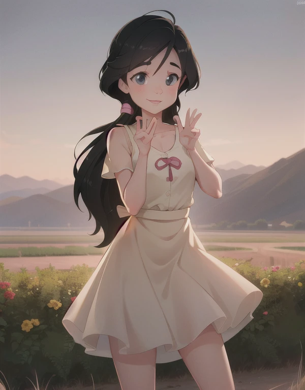 (Melody:1), 1girl, dress, cute pose, looking at viewer, (long hair, black hair, blue eyes), smile, cute pose, leaning forward, 
(detailed landscape, castle, garden:1), (dynamic_angle:1), (dynamic_pose:1.2),
(masterpiece:1.2), (best quality, highest quality), (ultra detailed), (8k, 4k, intricate), (cowboy shot:1.2), (highly detailed:1.2),(detailed face:1),(gradients),(ambient light:1.3),(cinematic composition:1.2),(HDR:1),Accent Lighting,extremely detailed CG unity 8k wallpaper,original, highres,(perfect_anatomy:1.2),
 