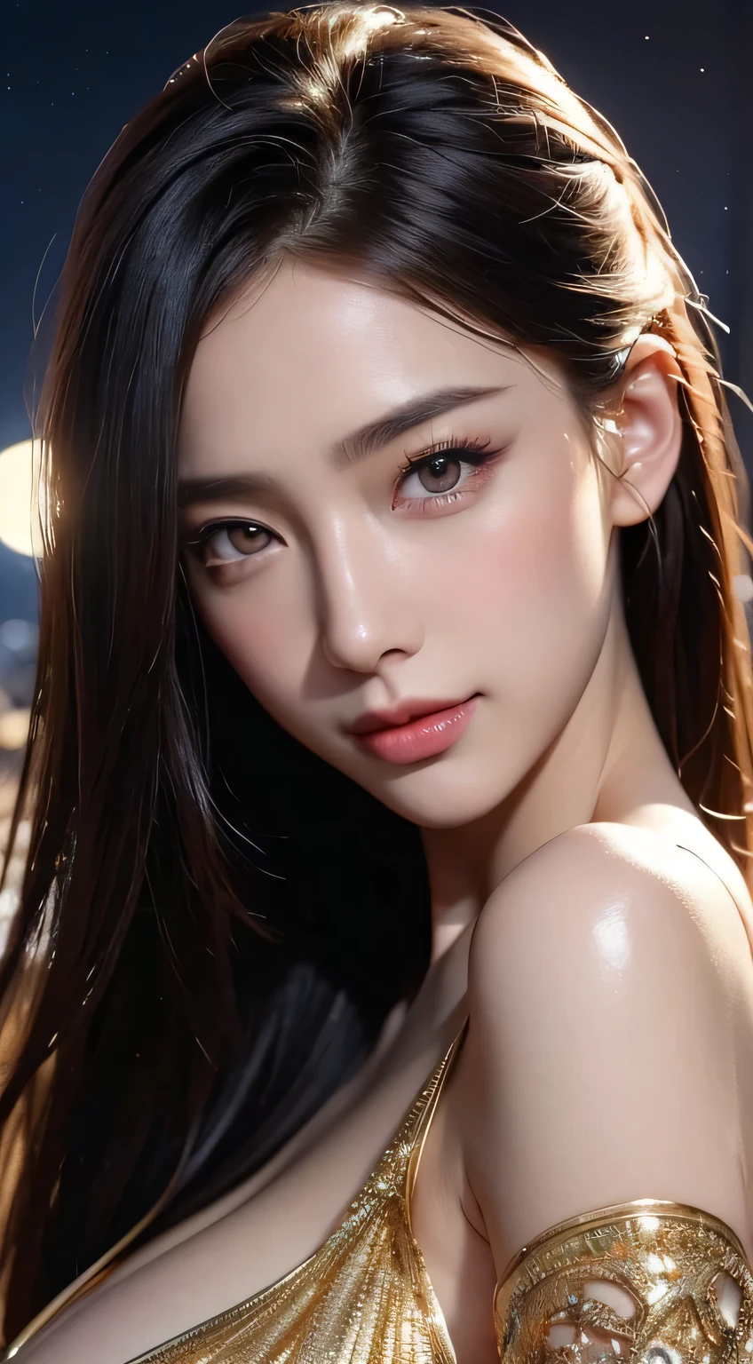 Kimono beauty, body portrait, 8k, thin and beautiful eyes, Dindal effect, masterpiece, top quality, high quality, high resolution, very detailed photo, (natural skin texture, fine skin, hyper realism, super sharpness) , high detail skin, (very fine, fine skin texture, intricate details, beautiful face, (real-like face), realistic eyes, beautifully detailed eyes, realistic skin, beautiful skin, surreal, Highly detailed, golden ratio, smiling eyes, ((night moonlight background)), body portrait, G cup, big breasts, huge breasts, big breasts, glamorous, shiny bodysuit