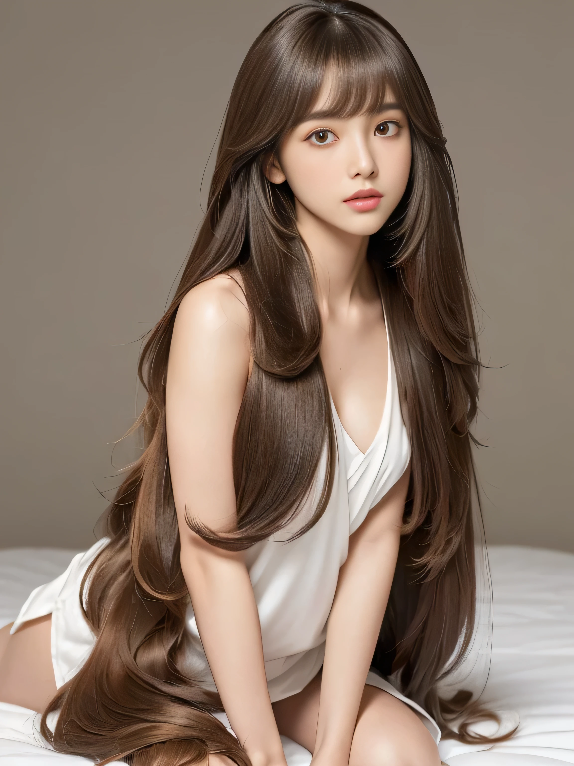 (Upper body shot of a woman making random sexy poses on a white bed) ((Beautiful 24 year old hair model with long light brown hair fell straight down Reaches up to the kneeVery long hair highest quality Highest detail Reaches up to the knee、Very long hair that lasts forever:1.3 Flowing Hair 私ncredibly straight hair Very shiny そして thick hair Abnormally long hair that lasts forever Flowing Hair on both ends long hair up to the knees:1.2 long hair up to the knees:1.2 Thick and shiny hair Very free hair Abnormally long hair!!!!! Beautiful silky hair Beautiful and shiny hair Beautiful and shiny hair Beautiful silky hair Hair that grows to the knees Very very, Very long hair!!!!! Very very, Very long hair!!!!!)) (highest quality The best ultra-fine Reaches up to the knee、Very long hair that lasts forever Flowing Hair Her hair is gently permed Very shiny そして thick hair Abnormally long hair that lasts forever Flowing Hair on both ends long hair up to the knees:1.2 long hair up to the knees:1.2 Thick and shiny hair Very free hair Abnormally long hair!!!!! Beautiful silky hair Super long hair down to the knees Beautiful and shiny hair Beautiful and shiny hair Beautiful silky hair Hair that grows to the knees Very very, Very long hair!!!!! Very very, Very long hair!!!!!)) (Her bangs are perfectly styled、Straight down.:1.3) ((Her hair color is light brown:1.5)) (Pure white wall background Pure white bed) (Japan'The sexiest and most beautiful 24 year old hair model) (She looks at the viewer with a very seductive expression.......) ((highest quality)), ((masterpiece)), (Familiar) (Get used to it) Perfect Face (Her skin is a typical Japanese skin color.. And very detailed) (Big Breasts:1.3) (She is wearing a shiny white camisole.) (She has a beautiful face and a typical Japanese figure...., Narrow eyes) (She has perfect 美しい and sexy makeup and face Lipstick is light red A solid eyeliner) ((Rich 1.4)) (Extremely detailed 8K) (Ultra-fine skin texture 1.4) (Actual, Vibrant:1.4), double eyelid Sharp focus:1.2、Beautiful woman:1.4 Dynamic Lighting (Genuine RAW photos taken by professional photographers) Professional Hair Shine. (She has a bright and cheerful face) (Her face is slim and dignified.., length, Narrow eyes..々Nice face)