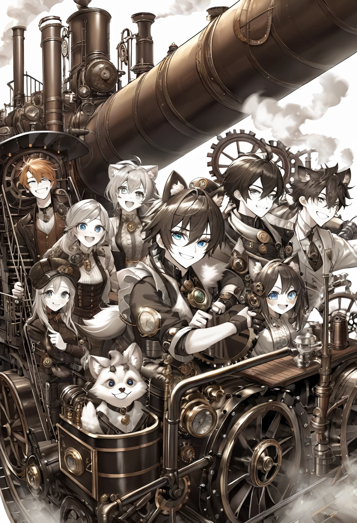 dynamic angle, top quality, best quality, High-quality illustrations, masterpiece, super high resolution, detailed background, detailed backgroundsteampunk, Steam engines, gear wheel, group shot:0.1, 6+boys, 6+girls, Happy, joyful, absurdres(highly detailed beautiful face and eyes)perfect anatomy(kemono, furry anthro),