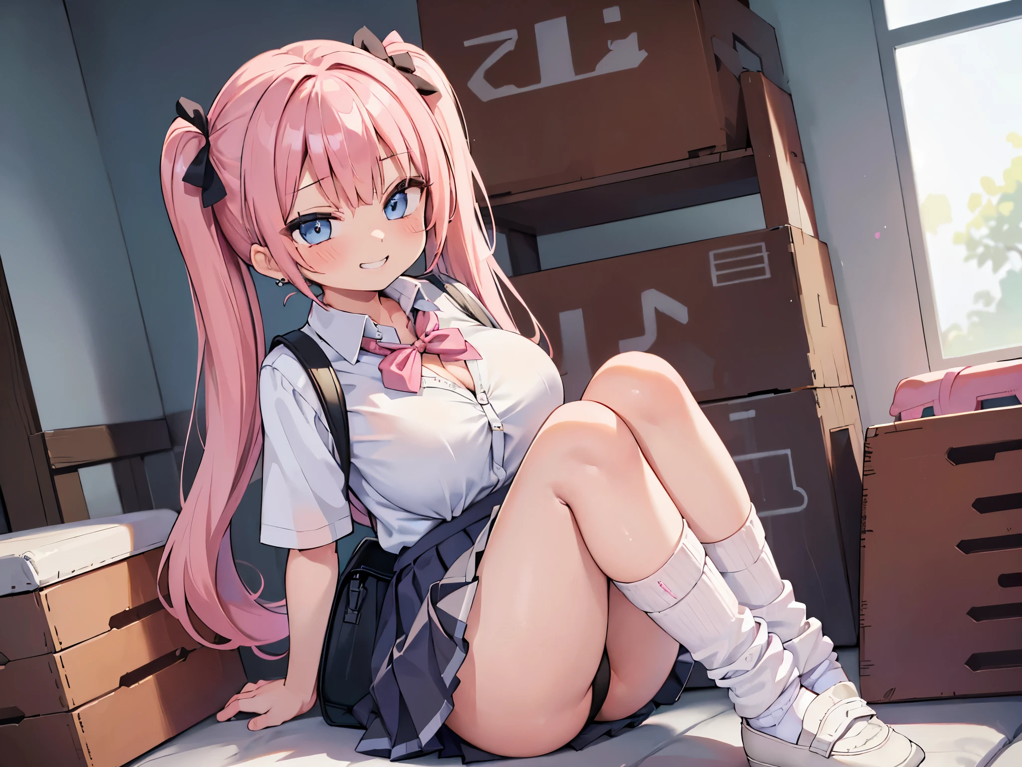 (masterpiece、highest quality、Super detailed)、((One girl))、((Pink Hair))、((Twin tails))、((Light blue eyes))、evil smile、((Grin))、Earrings、((Very large breasts))、((White collared shirt))、Short sleeve、cleavage、((Black pleated skirt))、((white baggysocks:1.2))、Loafers、sitting, knees up、Gym storeroom