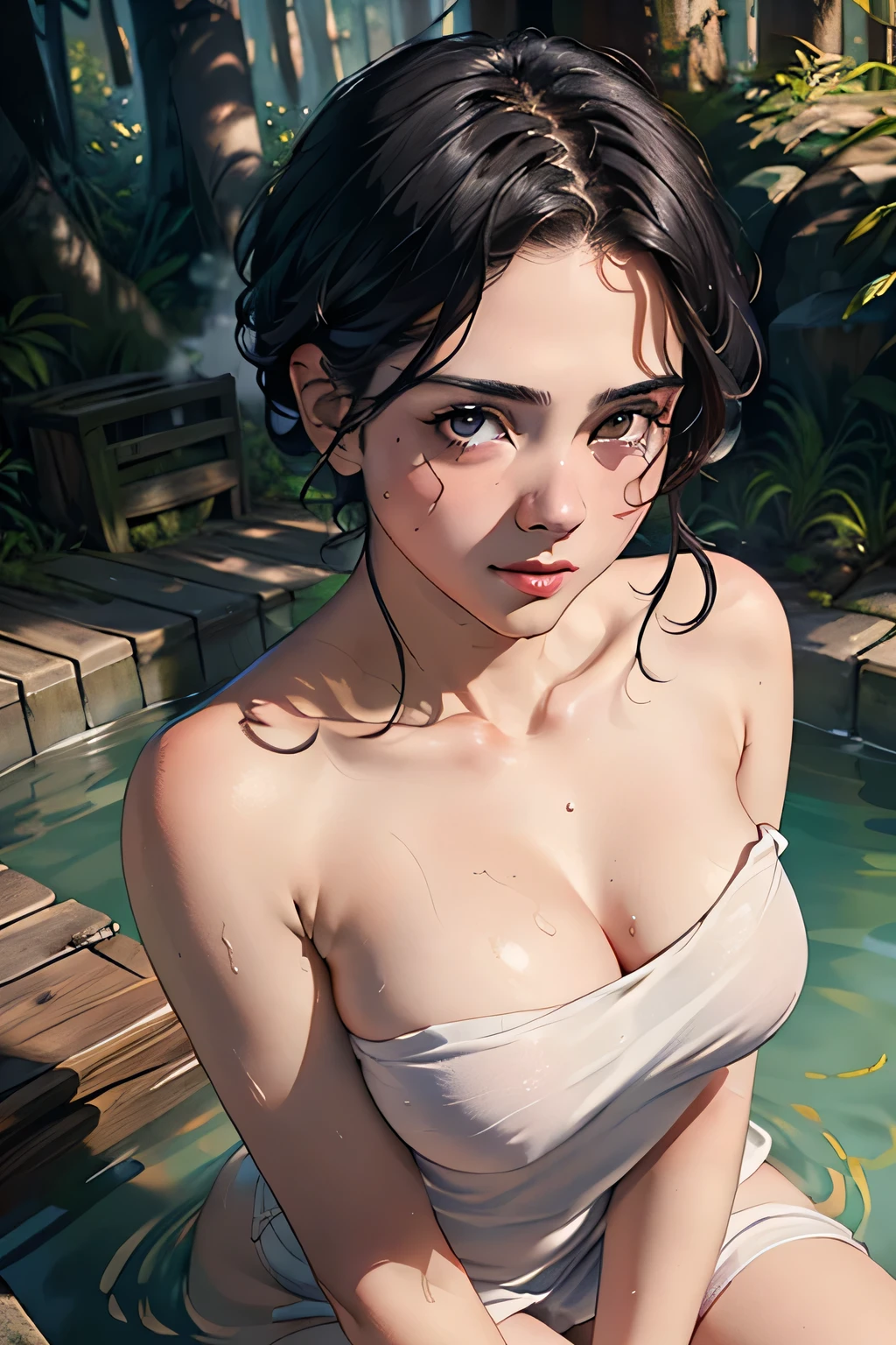 (masterpiece:1.3), (8k, Realistic, RAW Photos, highest quality: 1.4), Absurd, Charm, Ultra-high resolution, Ultra-realistic, Very detailed, Golden Ratio, (Realistic), (Best Shadow), Low contrast, (Complex:1.4), Side lighting, 8K, Beautiful Face, (Realistic Face), Beautiful hairstyle, Realistic eyes, Beautiful fine details, (Realistic Skin), Beautiful Skin, (One girl), ((Sasha Calle)), (Accurate hand and finger depiction), (Black Hair, Handsome Short:1.3), glamorous, (Smile), (Flushed), ((Kneeling and sitting in the hot spring)), ((Completely naked, Wrapped in a bath towel:1.1)), ((I can&#39;t see my body in steam:1.1)), (cowboy shot), ((Deep in the forest:1.2)), ((steam:1.4))