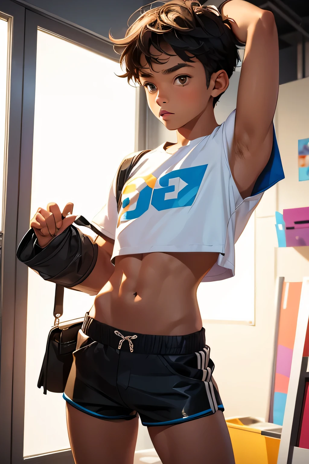 , boy wearing a crop top and too much short shorts,
