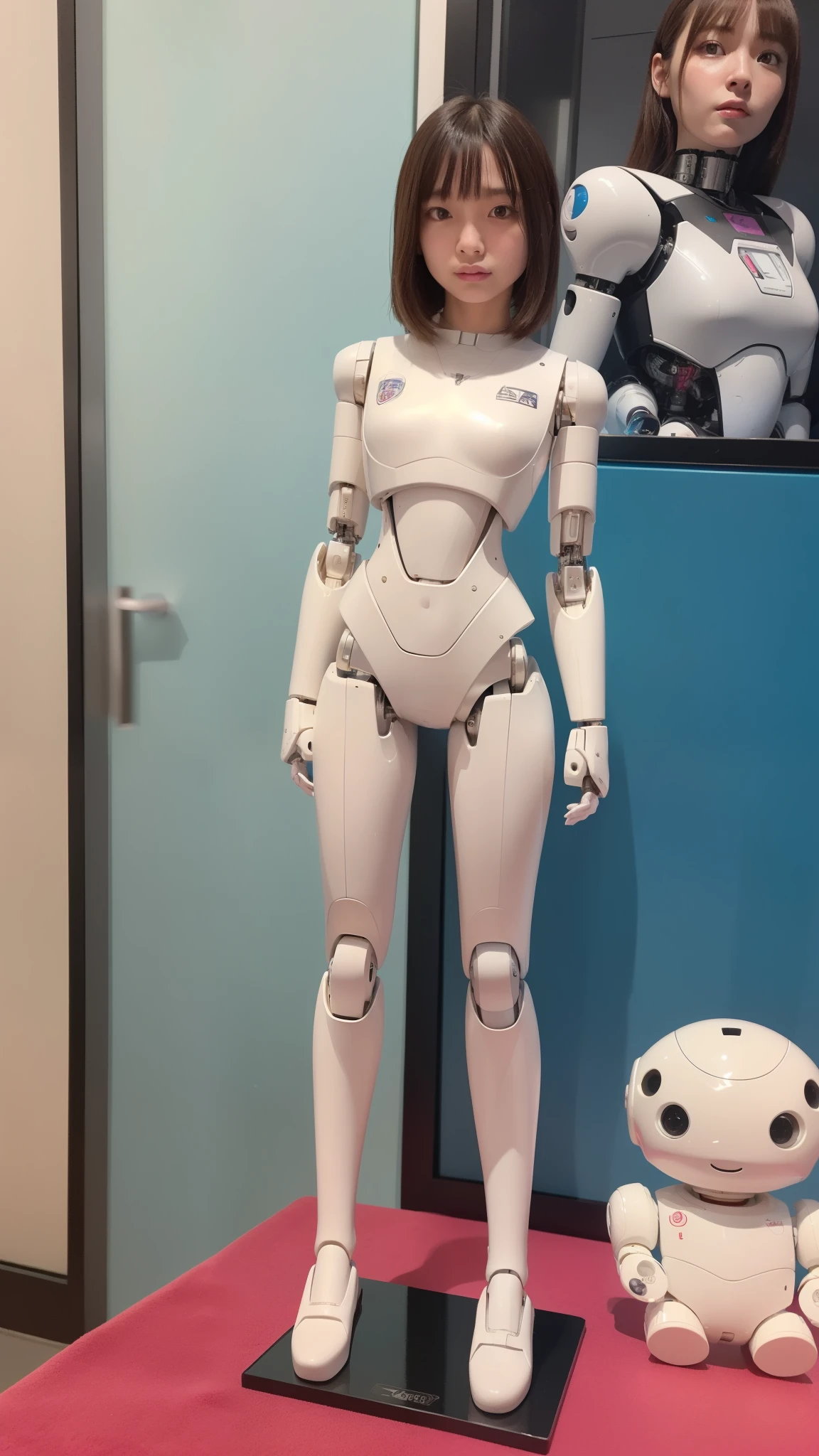 (Photorealsitic:1.4)、one robot girl、(top-quality)、(hyperdetailed face)、(Super well-formed face)、(Robot Parts)、(Female-Robot)、(17 years-old)、(white)、(pink there)、(gold)、(metallic)、(full-body)、(sexy pose)、(Slender body)、(Model body type)、(full body mech)、(Akihabara)、(is looking at the camera)、(A brown-haired)、(Well-proportioned body)、(a small face)、(a small head)、(well-groomed fingers)、(Idol)、(front facing)、(Standing with legs open)、(Photo session)、(Looks sad)、(perfect-female-robot)、(perfect-mechanical-body)