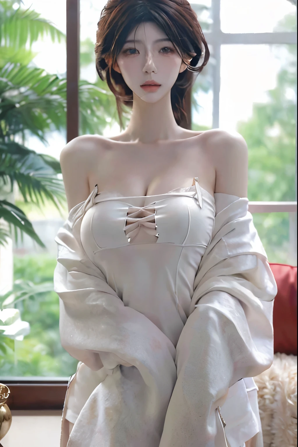 Beautiful woman with perfect body：1.4，Layered Hairstyle，Prominent cleavage，Highly detailed face and skin textures，Double eyelids，Skin Whitening，Long hair，Whitened long legs，（Low-cut camisole），standing in living room