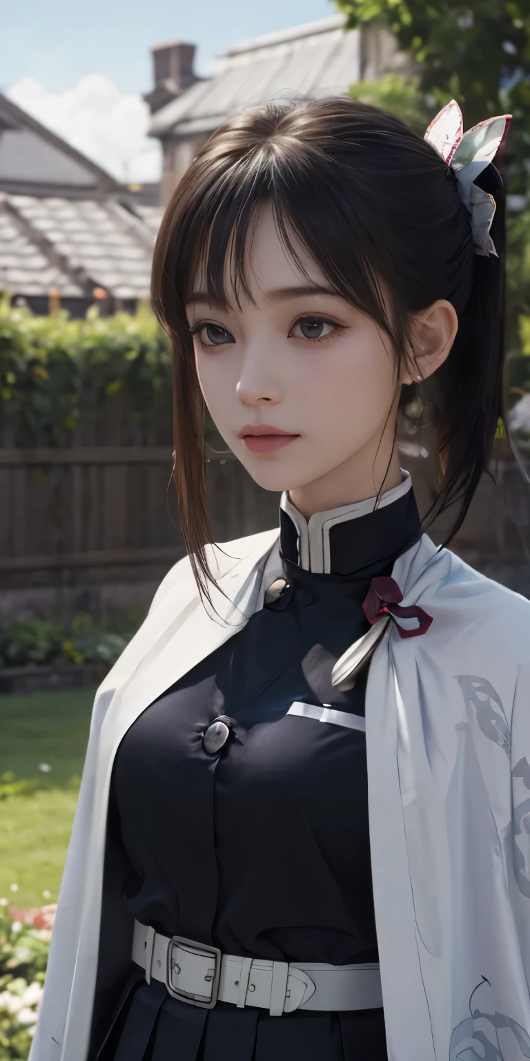 Ultra-realistic 8K CG,masterpiece,((Highly detailed background, Delicate pattern, Intricate details)),最high quality,very detailed 顔,Very detailed eyes and face,非常に細かい目Ultra-realistic 8K CG, masterpiece, close, beauty, from the front, 顔 sticking out, (Highly detailed background, Delicate pattern, Intricate details)), high quality, highly detailed 顔, Highly detailed eyes and 顔, Highly detailed eyes, One girl, kanao tsuyuri, (((Bangs Patsun))),(((Side Ponytail))),(( Demon Slayer uniform:1.4)), Butterfly Hair Ornament,,( white belt), (Cape, white Cape),, (Black jacket), (Pleated skirt), belt, (Black Skirt), knees, buckle, Sword in sheath, belt buckle, (Black Shirt:1.0), sunlight, Tyndall effect, sword on waist,(garden:1.2),West Saber,Attractive posture, Giant tit, Close-up,A broad perspective,(Straight Bangs:1.4),