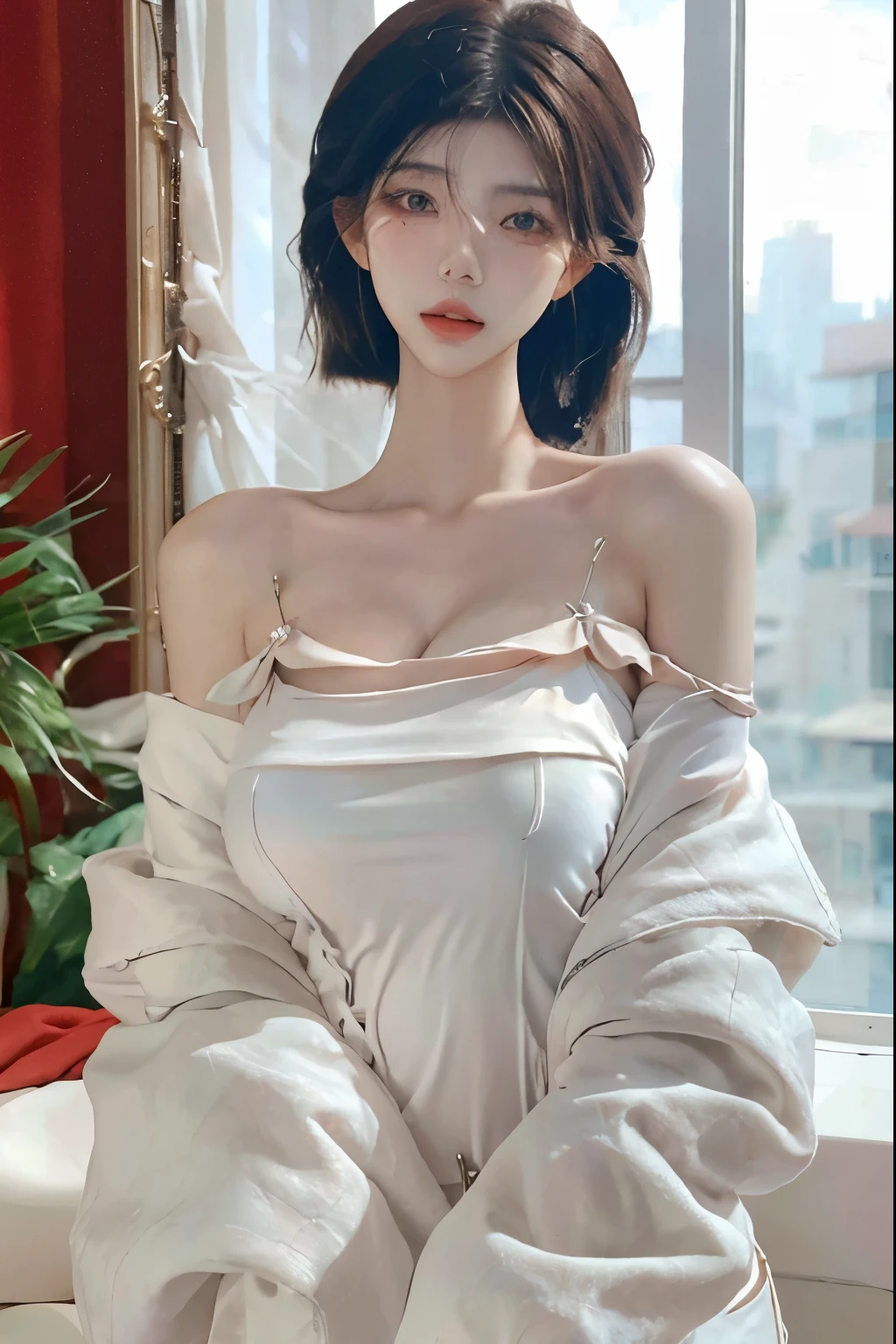 Beautiful woman with perfect body：1.4，Layered Hairstyle，Prominent cleavage，Highly detailed face and skin textures，Double eyelids，Skin Whitening，Long hair，Whitened long legs，（Low-cut camisole），standing in living room