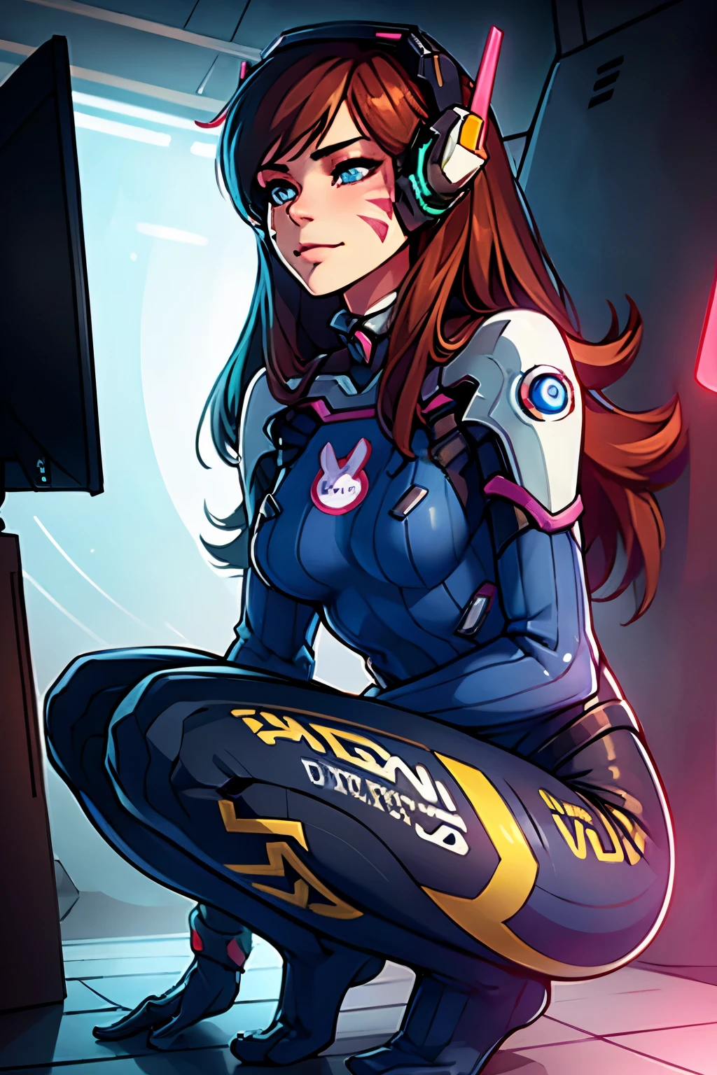 1girl, squatting pose, in a high tech control room, aahana, hana, dva, long hair, brown hair, headphones, whisker markings, shoulder pads, blue bodysuit, ribbed bodysuit, animal print, clothes writing, long sleeves, white gloves, ((detailed)), ((best quality)), ((masterpiece)), extremely detailed CG unity 8k wallpaper, 32k, focus sharp, photo of perfecteyes eyes, perfecteyes eyes, Masterpiece, raw, beautiful art, professional artist, 8k, very detailed face, very detailed hair, perfectly drawn body, beautiful face, very detailed eyes, smiling, rosey cheeks, intricate details in eyes, perfect fit body, beautiful body, extremely detailed, intricate details, highly detailed, sharp focus, detailed skin, realistic skin texture, texture, detailed eyes, high resolution, kodak vision color, foto_\(ultra\), post-processing, maximum detail, roughness, real life, ultra realistic, photorealism, photography, absurdres, RAW photo, highest quality, high detail RAW color photo, professional photo, extremely detailed UHD 8k wallpaper unit, best quality, highres, (masterpiece, top quality, high resolution:1.4), photo, cinematic, film grain, sharp, soft natural light, magic photography, super detailed, anatomically correct, perfect anatomy