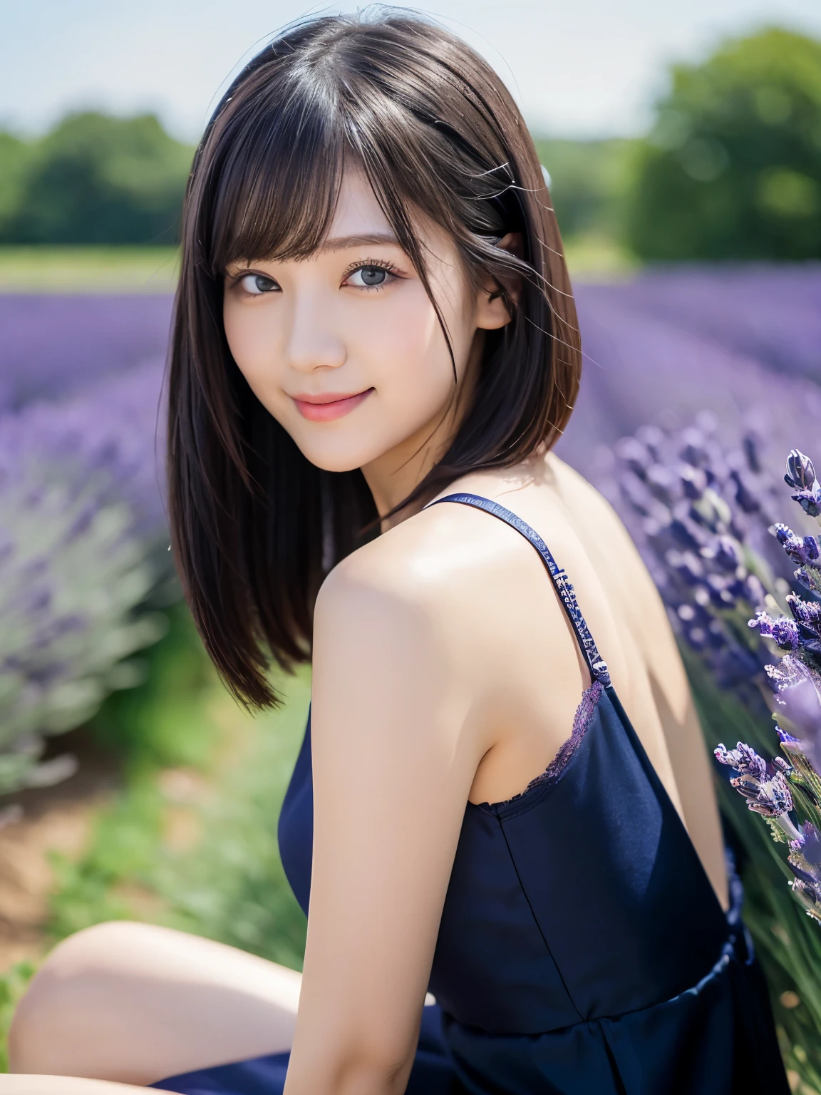 (highest quality:1.5)、(Realistic:1.5)、(1 person:1.5)、(Very detailed)、(High resolution)、8k、From above、(Wear a dark dress with lace)、(Small breasts)、Natural color lips、Cute Smile、20-year-old girl、(Beautiful and elaborate face)、(Perfect and beautiful face)、(Big eyes)、(Beautiful and elaborate face)、(Beautiful, balanced eyes)、Perfect and beautiful double eyelids、Perfect and beautiful face、Arched eyebrows、 Thin eyebrows、Feminine poses、Slim face、(Slim figure)、Beautiful and thin nose、 Beautiful Skin、(ミディアムBob Hair)、Bob Hair、Natural Bangs、Fair skin、Front lighting、(Lighting the face)、Deep blue eyes、Slim waistline、(A hill full of lavender)、(lim and beautiful legs、Lavender Fields、(sit)、