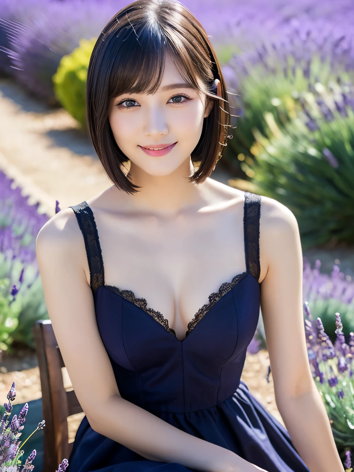 (highest quality:1.5)、(Realistic:1.5)、(1 person:1.5)、(Very detailed)、(High resolution)、8k、From above、(Wear a dark dress with lace)、(Small breasts)、Natural color lips、Cute Smile、20-year-old girl、(Beautiful and elaborate face)、(Perfect and beautiful face)、(Big eyes)、(Beautiful and elaborate face)、(Beautiful, balanced eyes)、Perfect and beautiful double eyelids、Perfect and beautiful face、Arched eyebrows、 Thin eyebrows、Feminine poses、Slim face、(Slim figure)、Beautiful and thin nose、 Beautiful Skin、(ミディアムBob Hair)、Bob Hair、Natural Bangs、Fair skin、Front lighting、(Lighting the face)、Deep blue eyes、Slim waistline、(A hill full of lavender)、(lim and beautiful legs、Lavender Fields、(sit)、