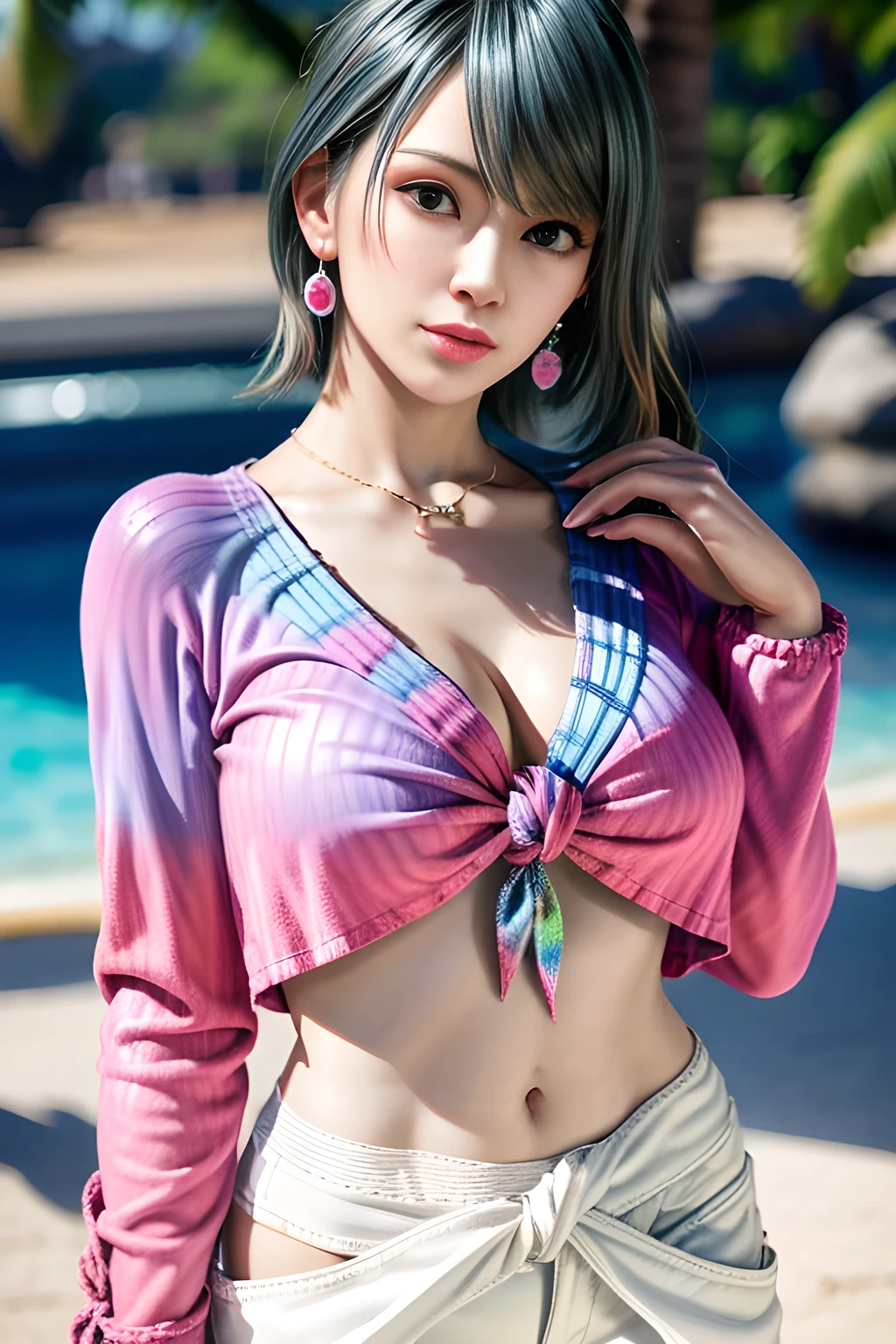 1girl, BREAK ((colorful, multicolor, vivit) theme:1.4), (a tie-dyed pattern tops with flashy colors reminiscent of a tropical vacation:1.3), (long bell sleeve knot front shirt witn tie-dyed pattern:1.5), (express gradation using many bright colors:1.3), ((bare stomach, navel):1.3), ((collarbone, emphasize cleavage):1.3),BREAK (white theme:1.2), (tight white cropped pants:1.4), BREAK (earrings:1.3), , appealing cleavage,( beautiful tattoo:1.2), overhead view, beautiful detailed eyes, beautiful detailed lips, extremely detailed eyes and face, long eyelashes, feminine charm, detailed texture, snug fit, fashionable, soft fabric, radiant skin, (best quality,4k,8k,highres,masterpiece:1.2), ultra-detailed, (realistic,photorealistic,photo-realistic:1.37), tamaki