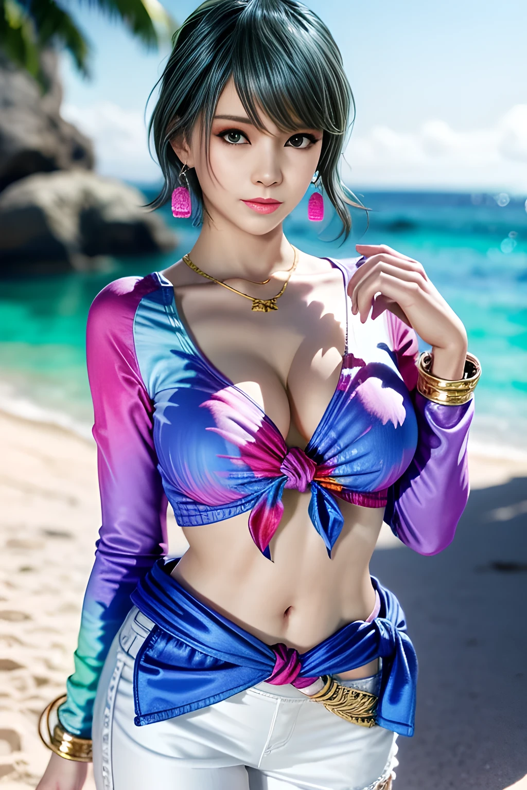 1girl, BREAK ((colorful, multicolor, vivit) theme:1.4), (a tie-dyed pattern tops with flashy colors reminiscent of a tropical vacation:1.3), (long bell sleeve knot front shirt witn tie-dyed pattern:1.5), (express gradation using many bright colors:1.3), ((bare stomach, navel):1.3), ((collarbone, emphasize cleavage):1.3),BREAK (white theme:1.2), (tight white cropped pants:1.4), BREAK (earrings:1.3), , appealing cleavage,( beautiful tattoo:1.2), overhead view, beautiful detailed eyes, beautiful detailed lips, extremely detailed eyes and face, long eyelashes, feminine charm, detailed texture, snug fit, fashionable, soft fabric, radiant skin, (best quality,4k,8k,highres,masterpiece:1.2), ultra-detailed, (realistic,photorealistic,photo-realistic:1.37), tamaki